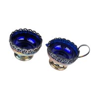 Vintage Celtic Silverplate and Cobalt Blue Glass Cream and Sugar Set