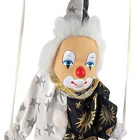 Vintage Black and White Moon and Stars Porcelain Swinging Clown Doll