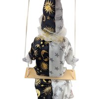 Vintage Black and White Moon and Stars Porcelain Swinging Clown Doll