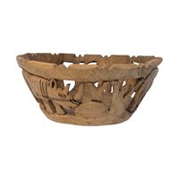 Vintage Hand Carved Wood Bowl with Animal Utensils