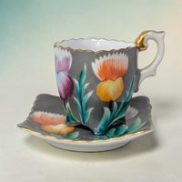 A small porcelain espresso cup and square-edged saucer with a matte grey finish. Vibrant purple, orange, and yellow thistles are painted on the sides. The rim and ornate handle are accented with gold gilding.