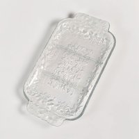 A rectangular clear glass dish featuring three divided sections and integrated handles at each end. The glass is embossed with a delicate frosted floral and vine pattern along the border and center.