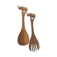 Vintage Hand Carved Wood Bowl with Animal Utensils