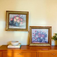 Vintage Still Life Flower Art Treasure Framed Pair