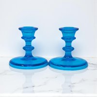 Pair of Vintage Blue Glass Taper Candlestick Holders