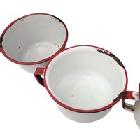 Vintage White Enamel Roaster Pan and Cups