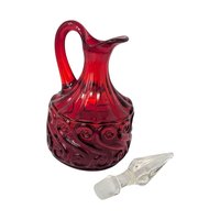 1960s Fenton Ruby Red Glass Cruet – Mid-century Scroll Pattern Crystal Stopper Decanter