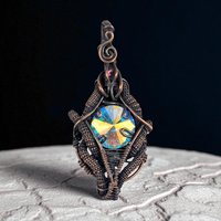 Handmade Iridescent Rivoli Copper Wire Wrapped Pendant