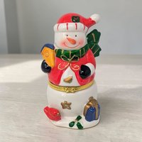 Vintage Ceramic Snowman Holiday Trinket Box