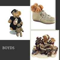 A collection featuring a resin scene of bears reading a book on a snowy base, a plush bear in a black coat and leopard print hat holding a small leopard-print friend, and a separate resin bear head peeking out of a textured cream-colored shoe.