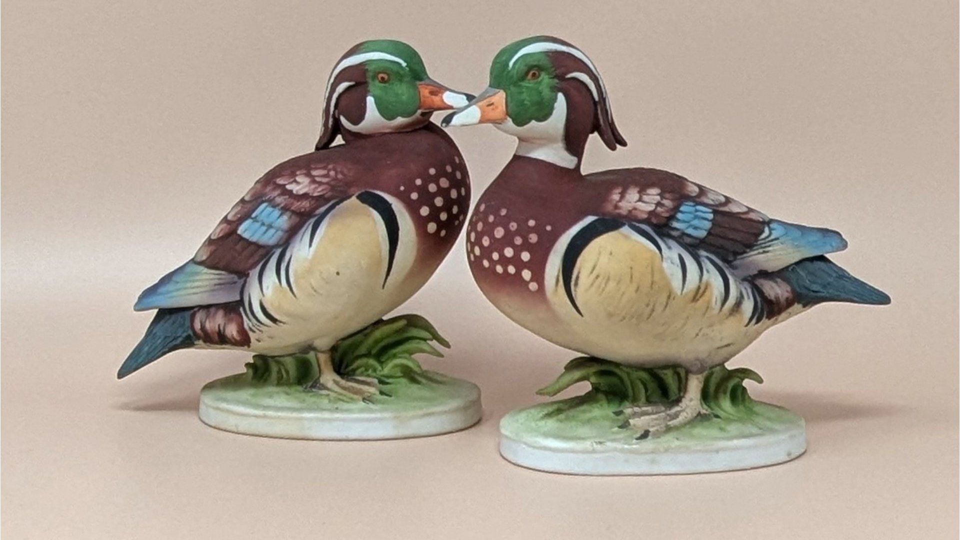 Lefton Wood Duck, Vintage Duck Pair, KW139A KW139B, Hand Painted Birds, Japanese Porcelain, MCM Wildlife Decor, Cabin Mantle Decor, Bird Watcher Gift, Antique Duck Figurines, Lefton China Ducks, Matte Finish Ceramic, Nature Study Decor, Waterfowl Sculpture, Collectible Bird Set, Rustic Office Accent, Mid Century Japan, North American Birds, Realistic Duck Decoy.