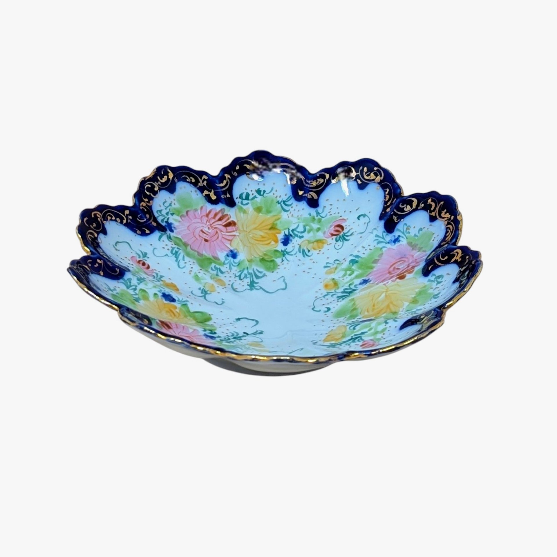 1940s Hand-Painted Porcelain Scalloped Bowl