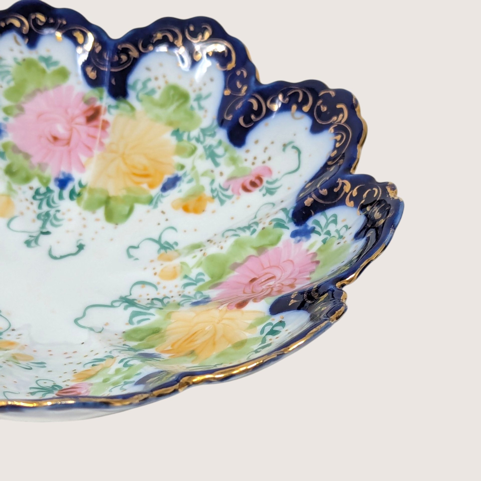 1910s Porcelain Scalloped Bowl Cobalt Gold Floral Serving Dish