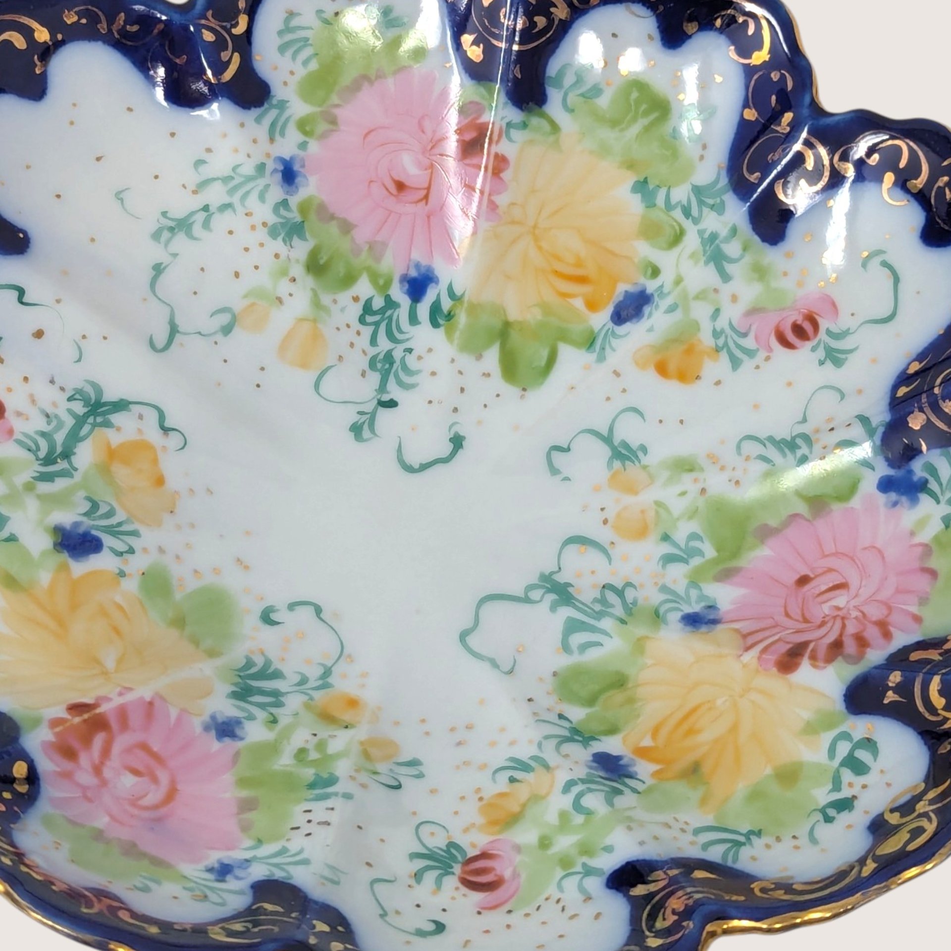 1910s Porcelain Scalloped Bowl Cobalt Gold Floral Serving Dish
