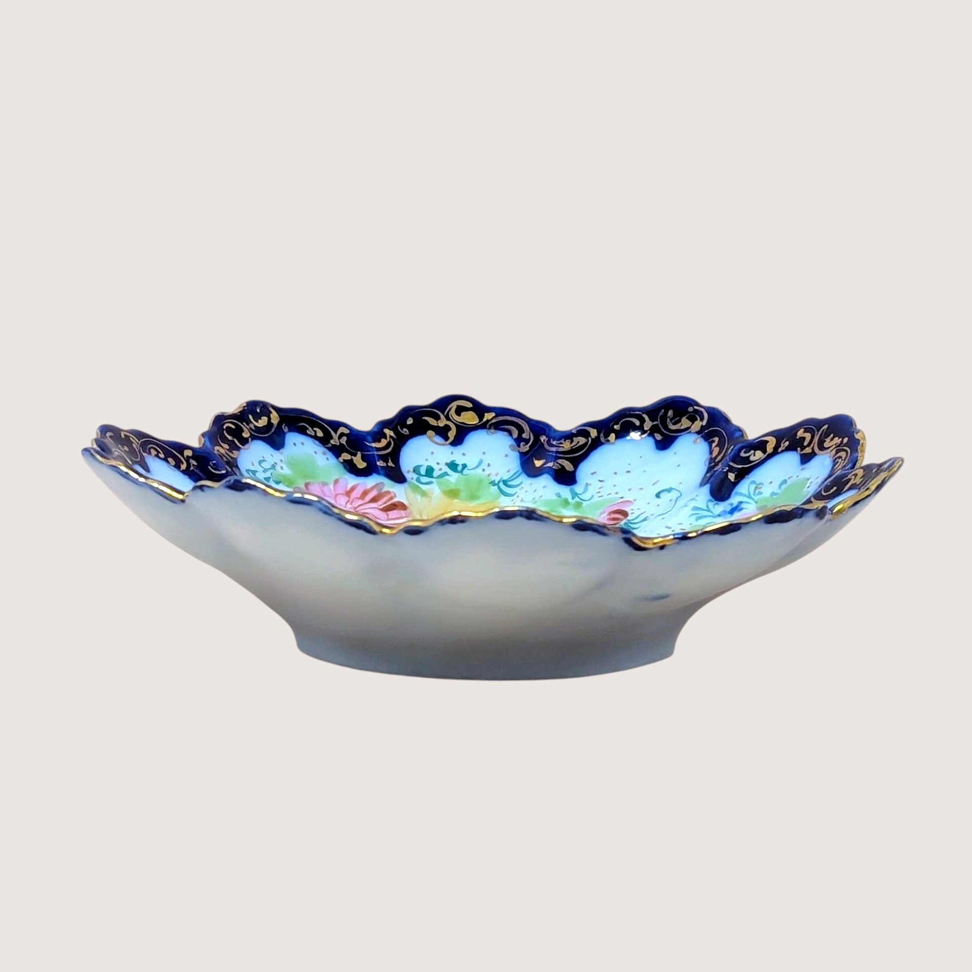 1940s Hand-Painted Porcelain Scalloped Bowl