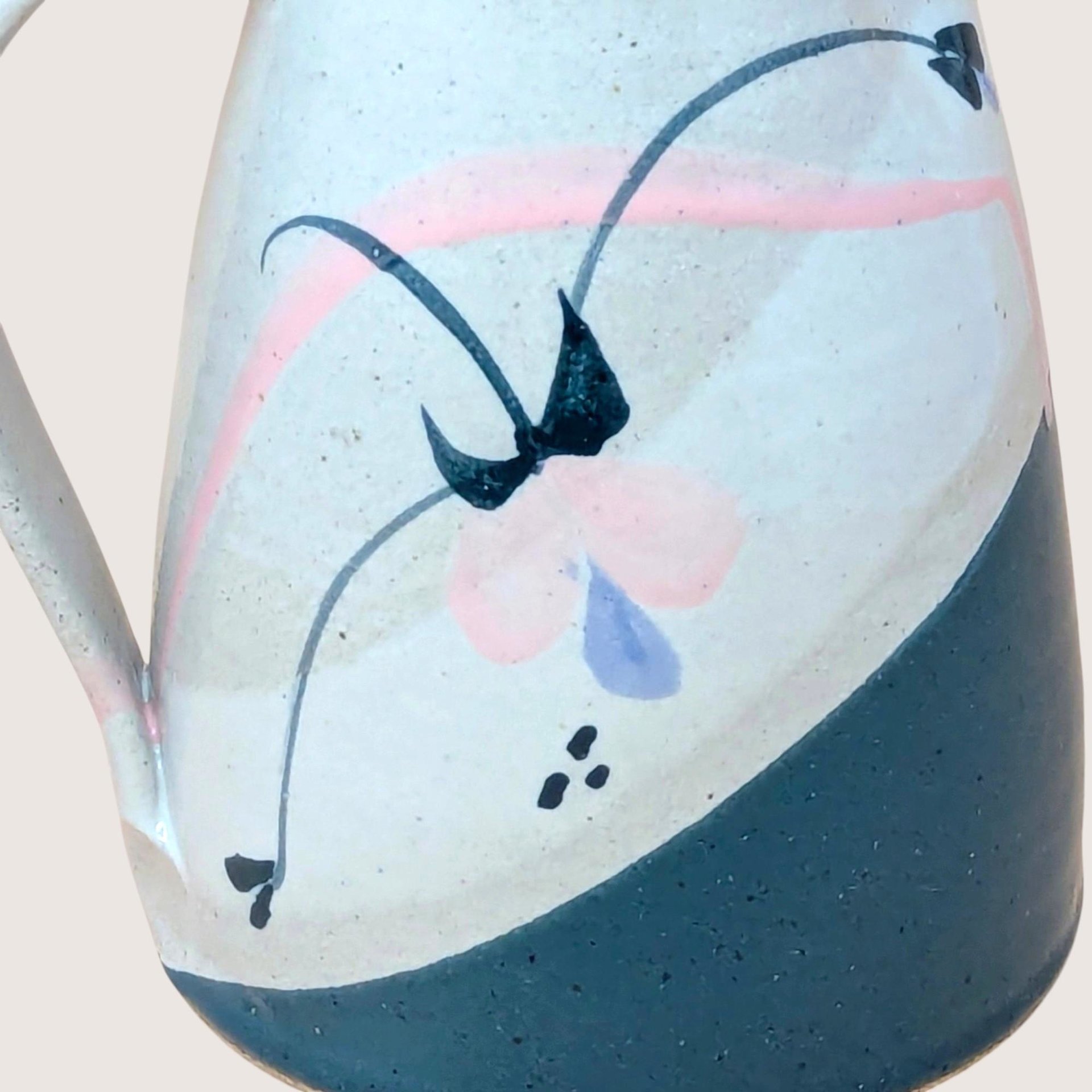 1980s Earthenware Pitcher Hand Painted Floral Studio Pottery Serving Jug