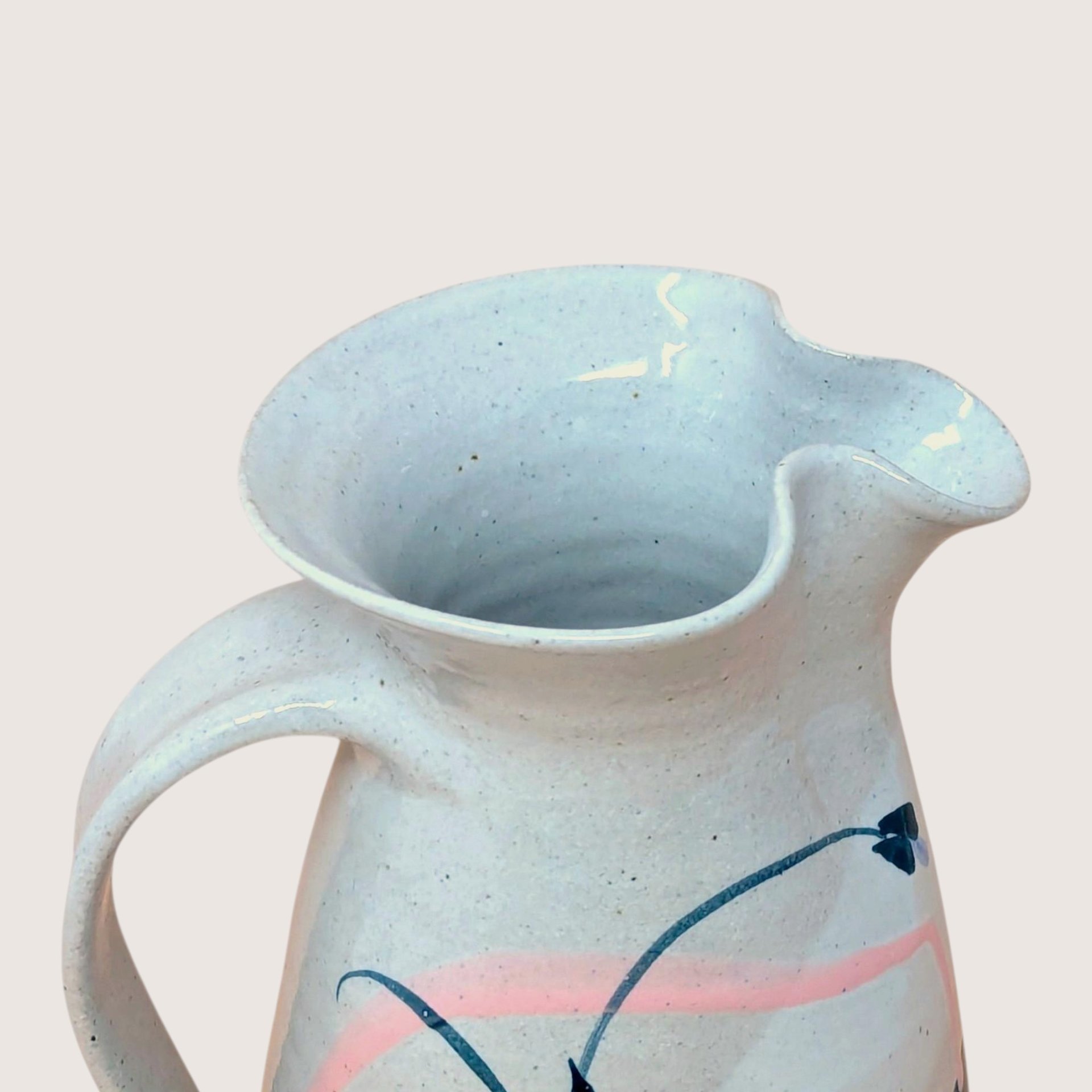 1980s Earthenware Pitcher Hand Painted Floral Studio Pottery Serving Jug