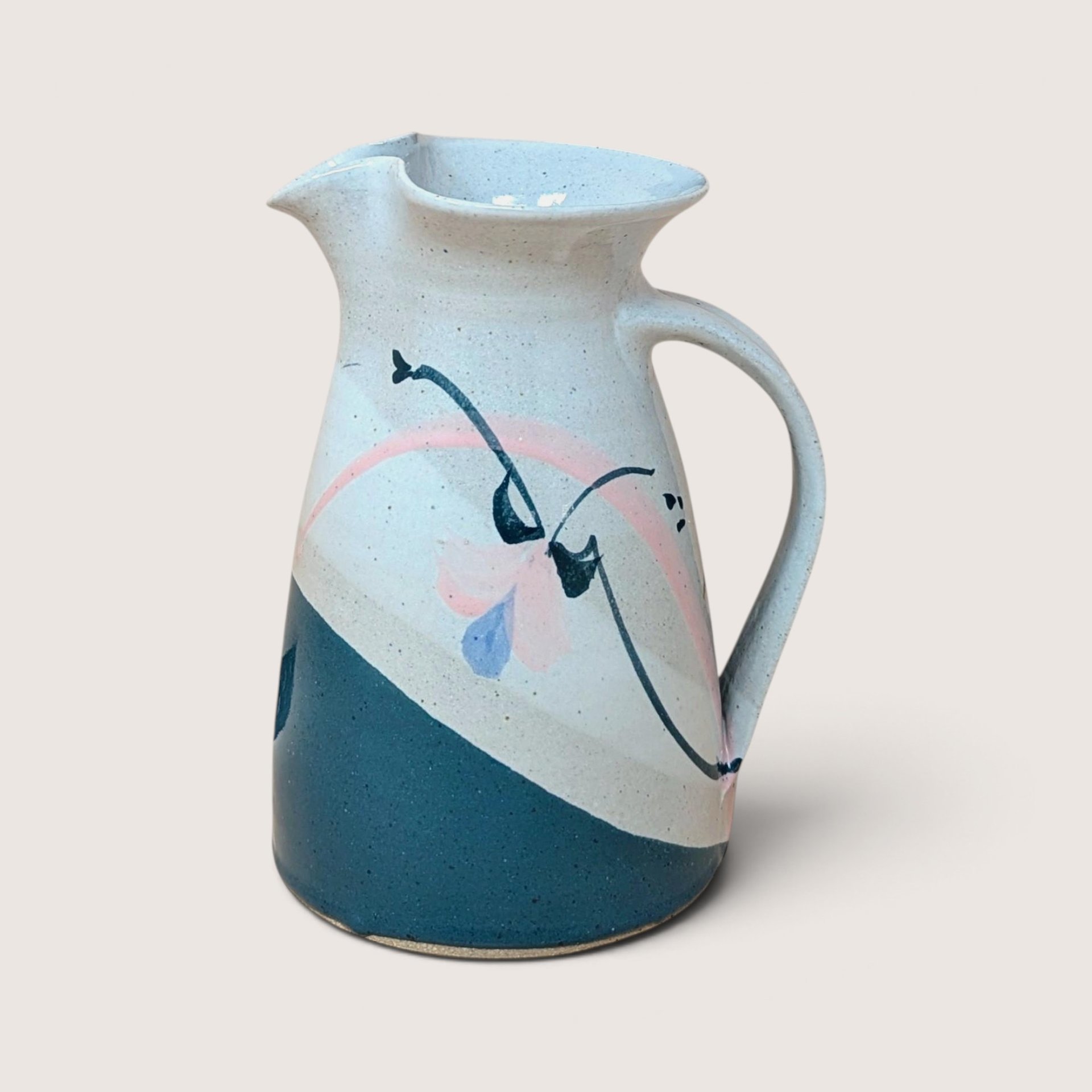 1980s Earthenware Pitcher Hand Painted Floral Studio Pottery Serving Jug