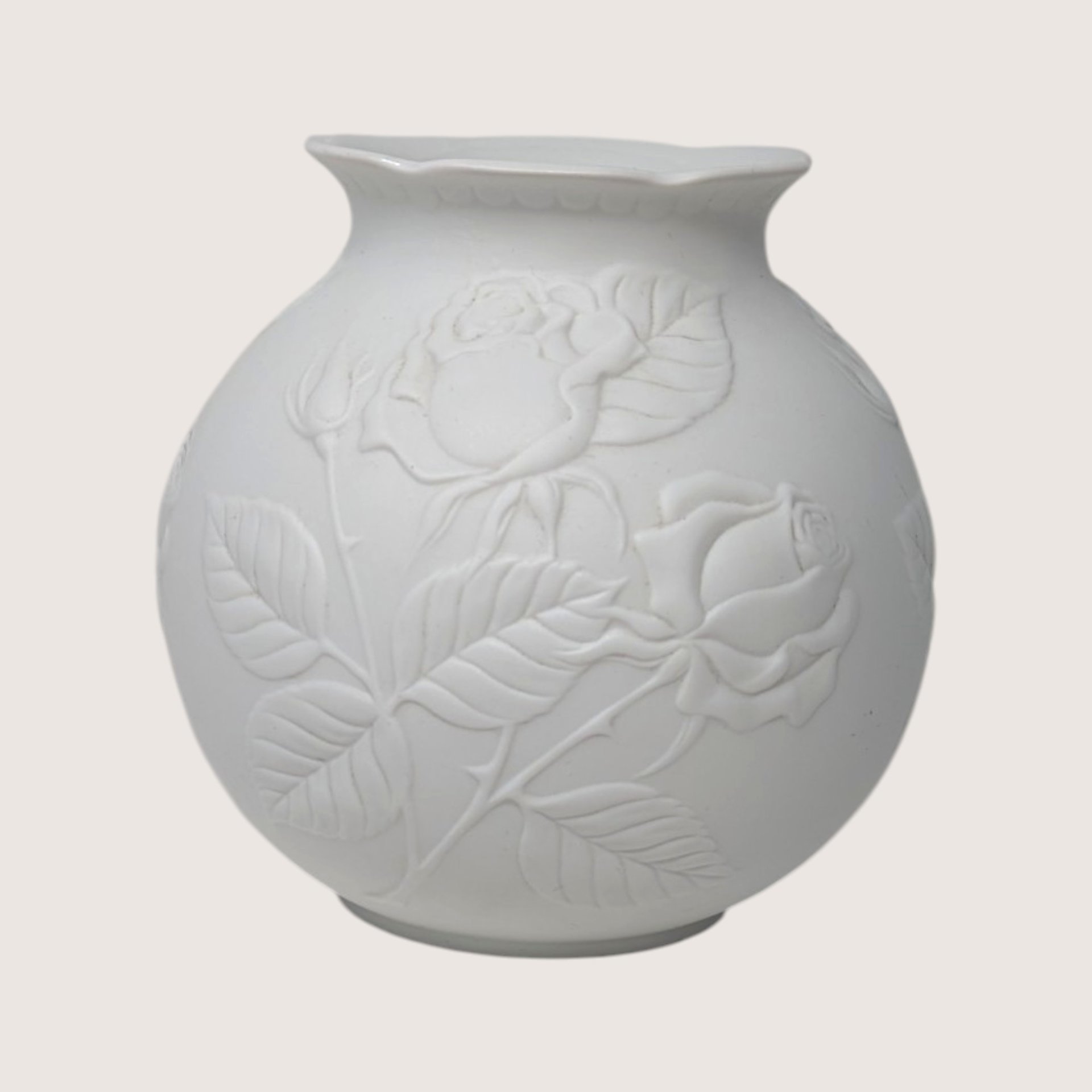 1980s Kaiser Embossed Rose Floral White Porcelain Bisque Vase