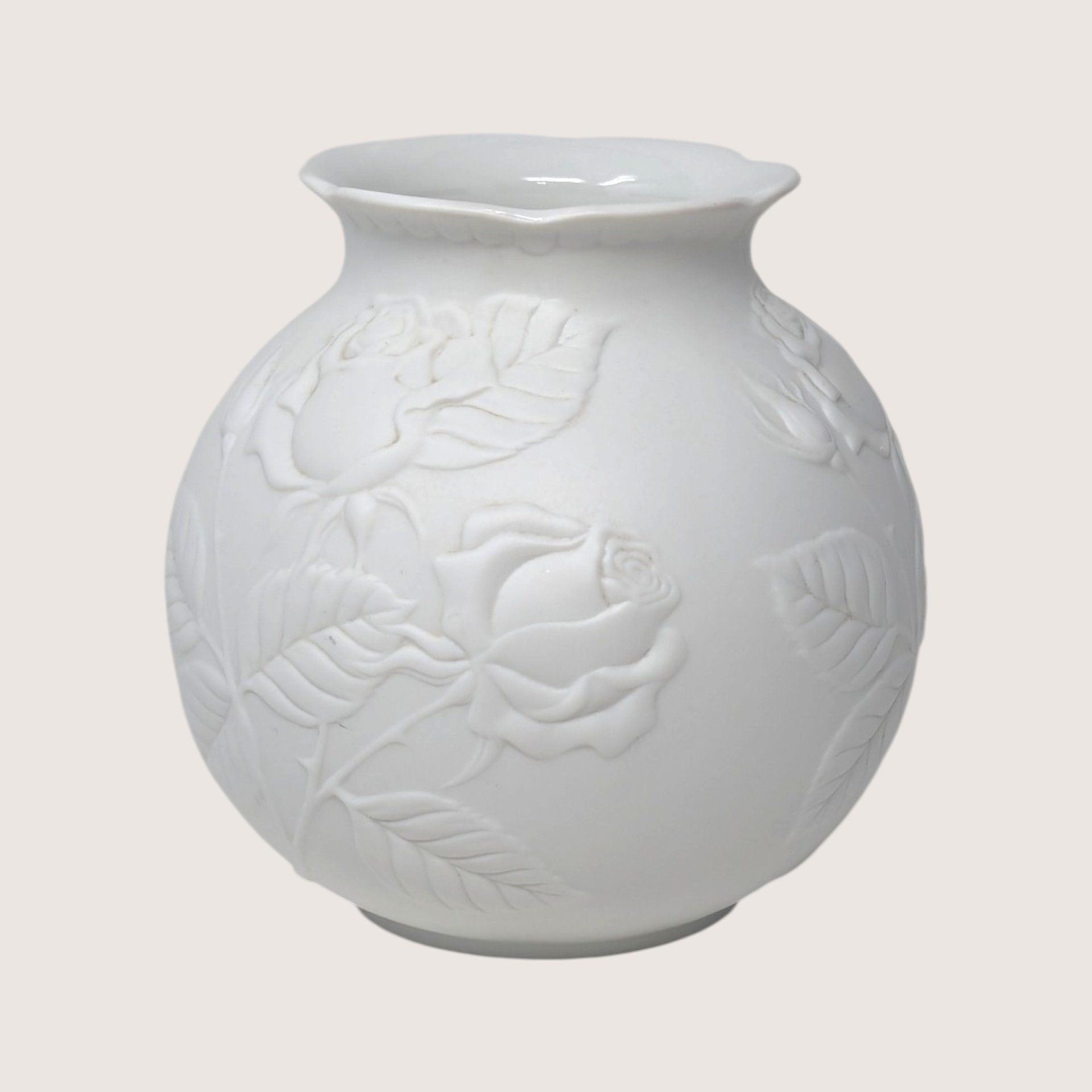 1980s Kaiser Embossed Rose Floral White Porcelain Bisque Vase