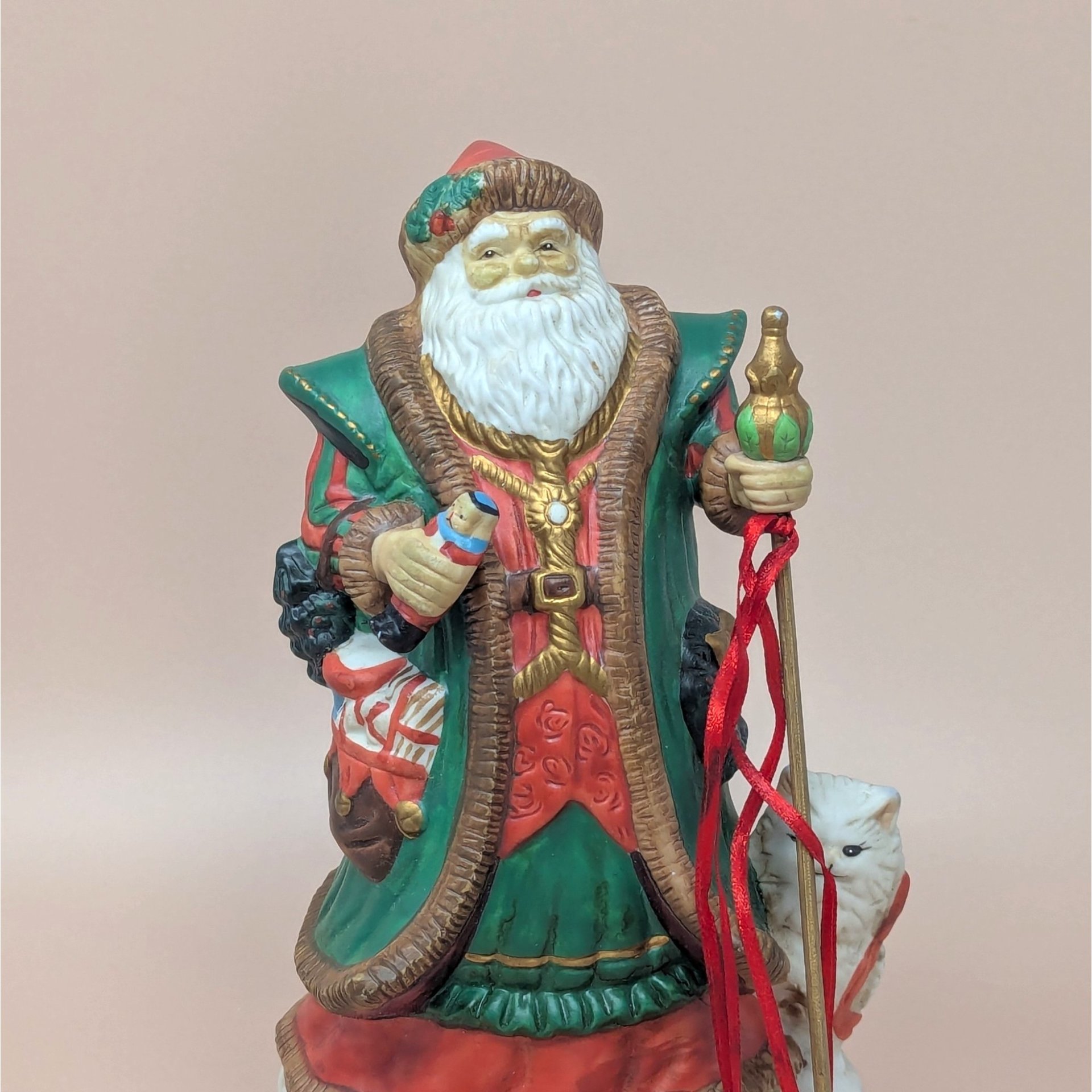1990s "Merry Old Soul" Santa Music Box – Ceramic Father Christmas with Cat