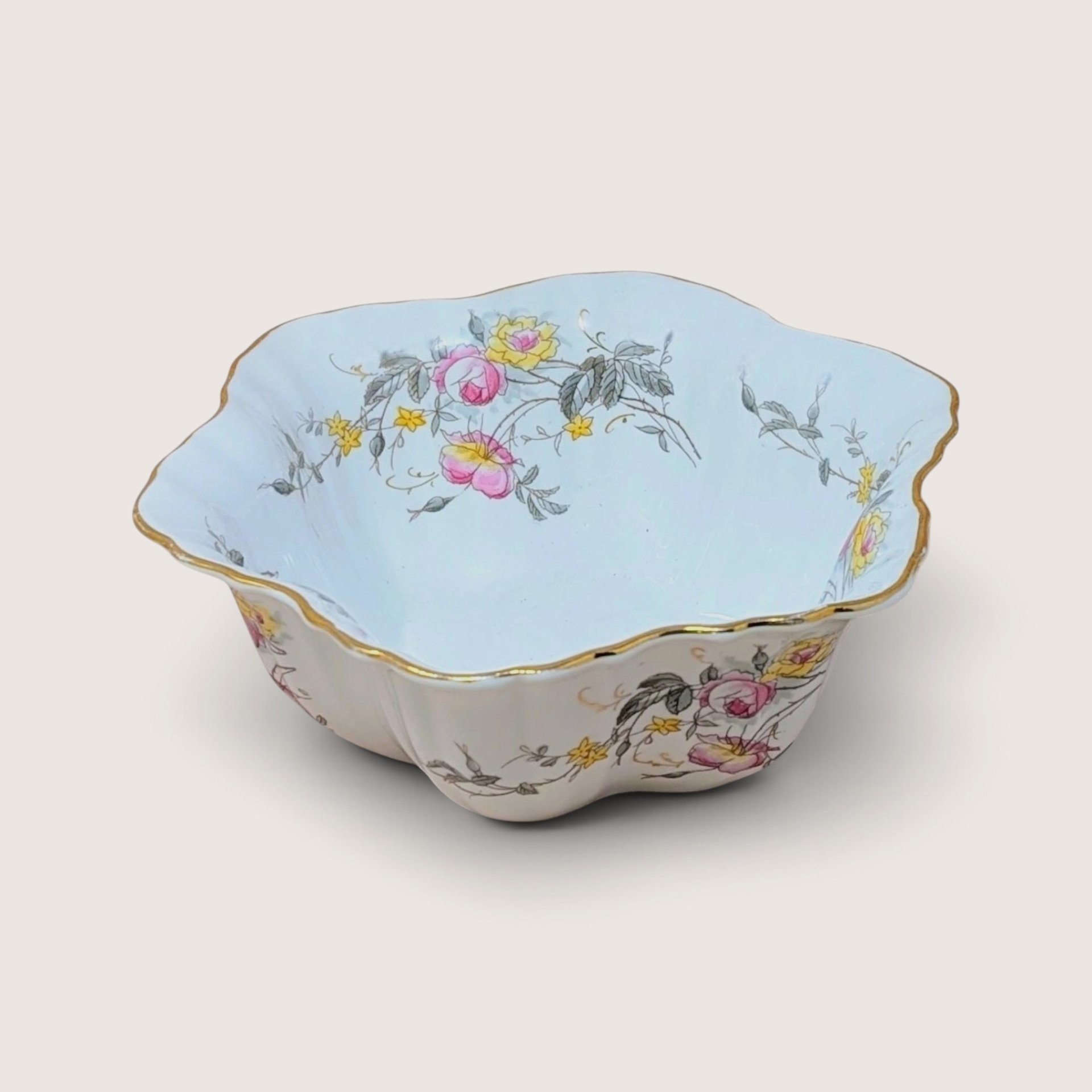 1930s German Pink Yellow Floral Porcelain Serving Bowl 