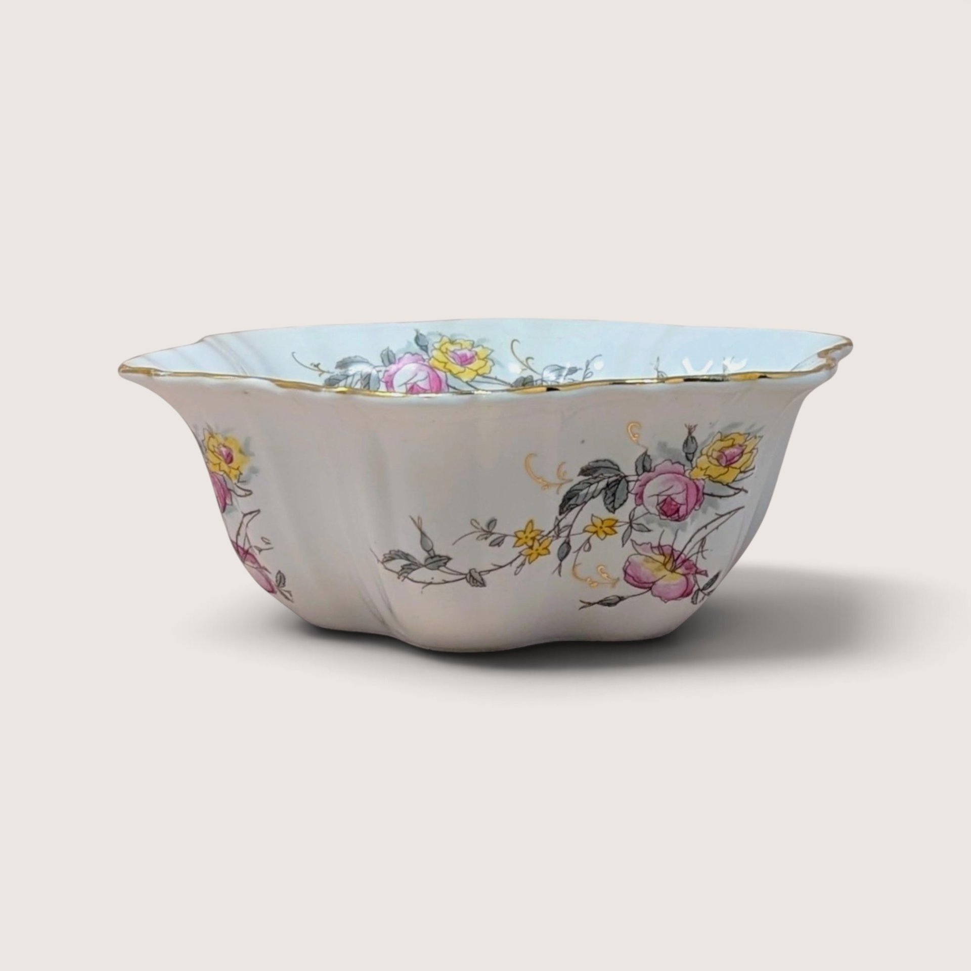 1930s German Pink Yellow Floral Porcelain Serving Bowl 