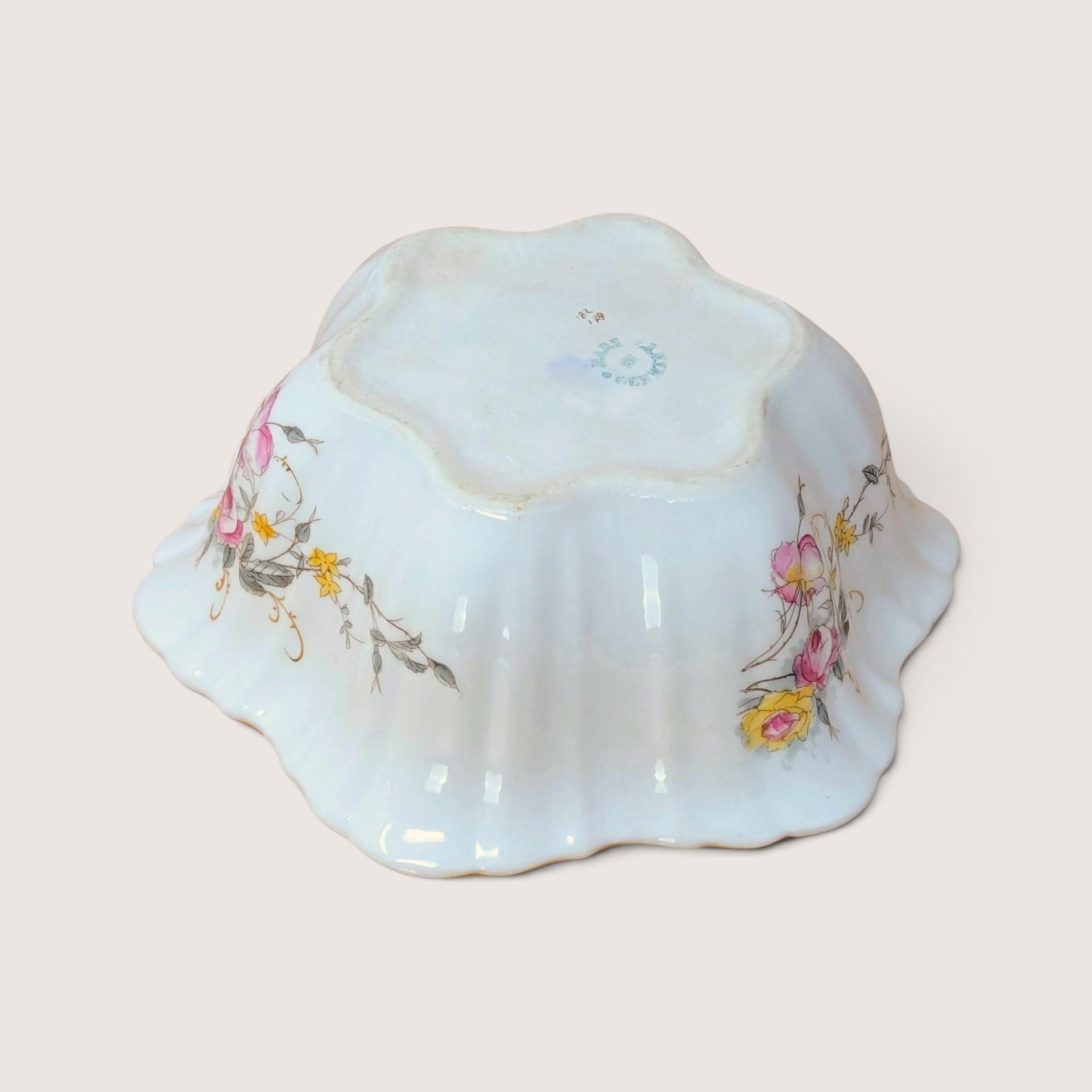1930s German Pink Yellow Floral Porcelain Serving Bowl 