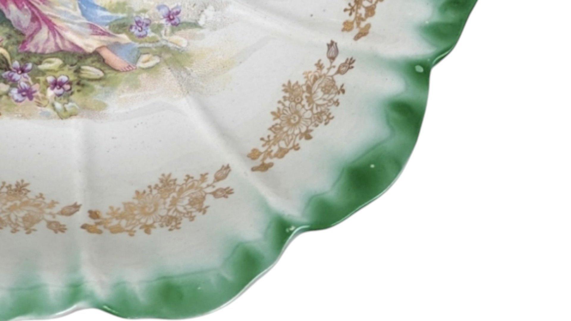 1900s Dresden China Scalloped Bowl – Antique Green Laurel Mark Woman and Angel
