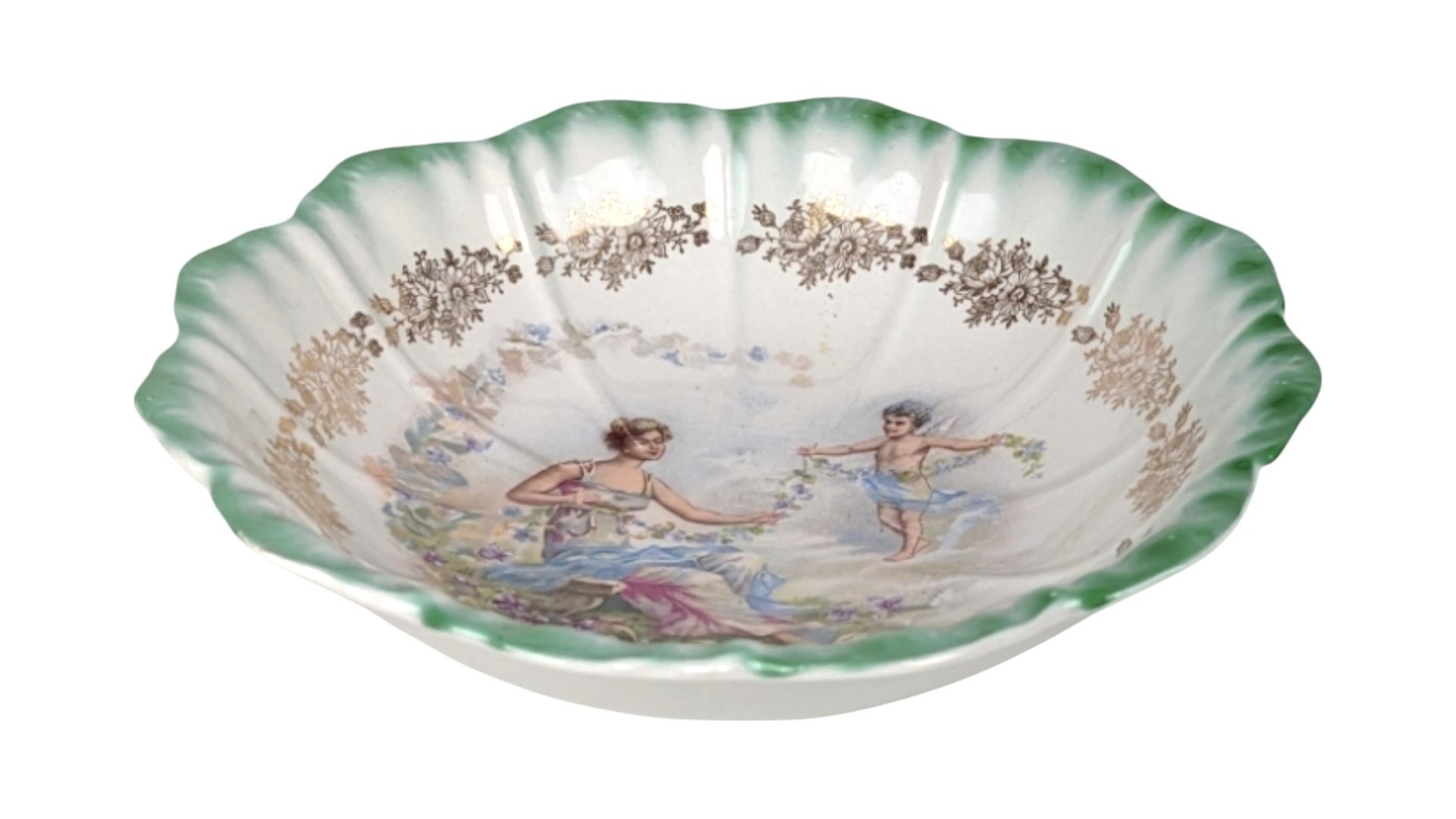 1900s Dresden China Scalloped Bowl – Antique Green Laurel Mark Woman and Angel