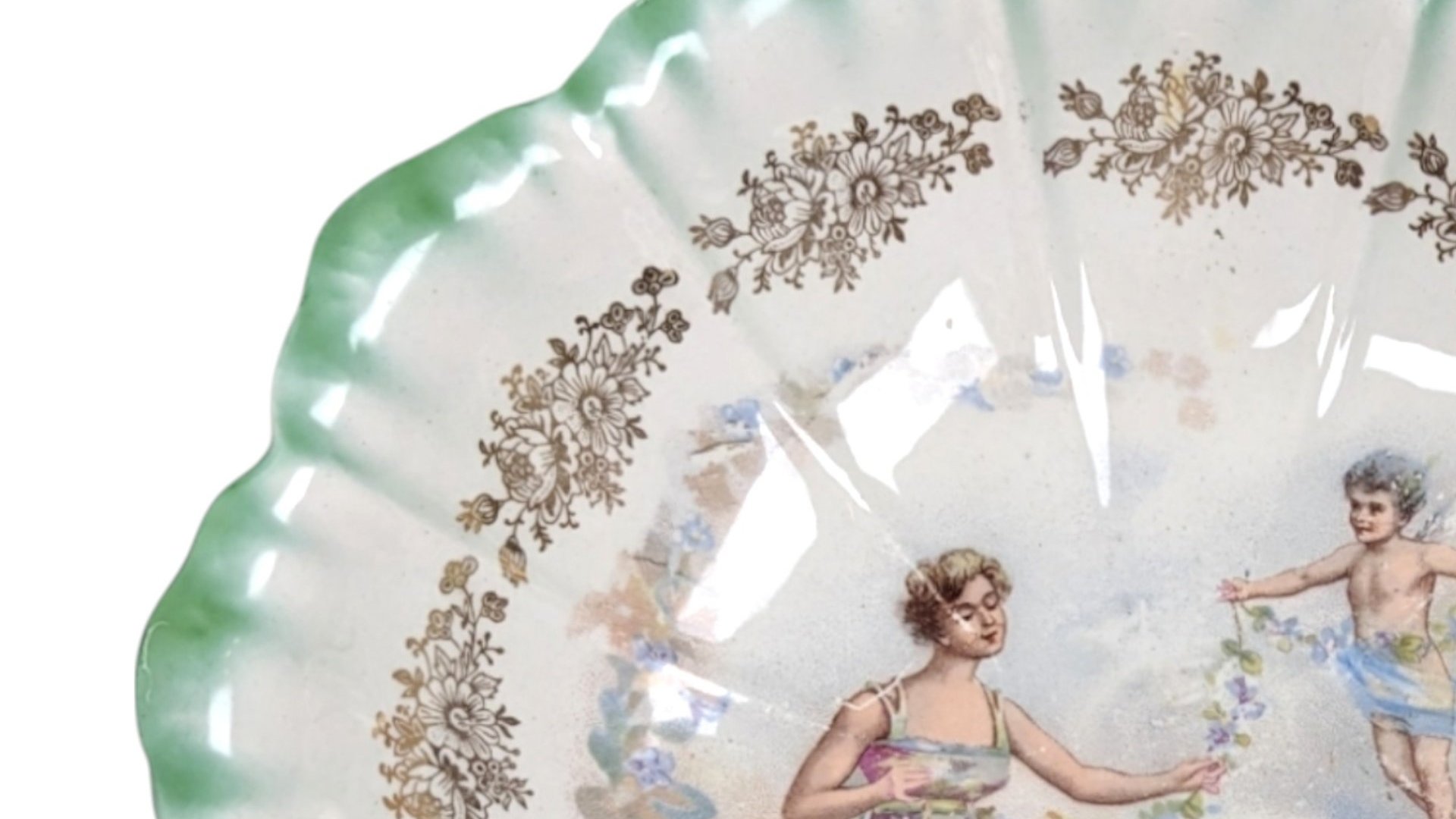 1900s Dresden China Scalloped Bowl – Antique Green Laurel Mark Woman and Angel