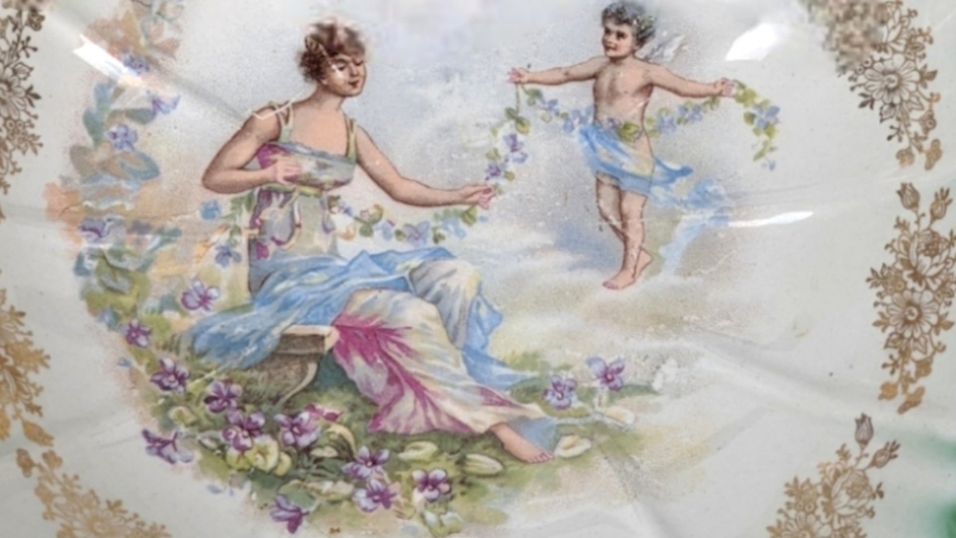 1900s Dresden China Scalloped Bowl – Antique Green Laurel Mark Woman and Angel