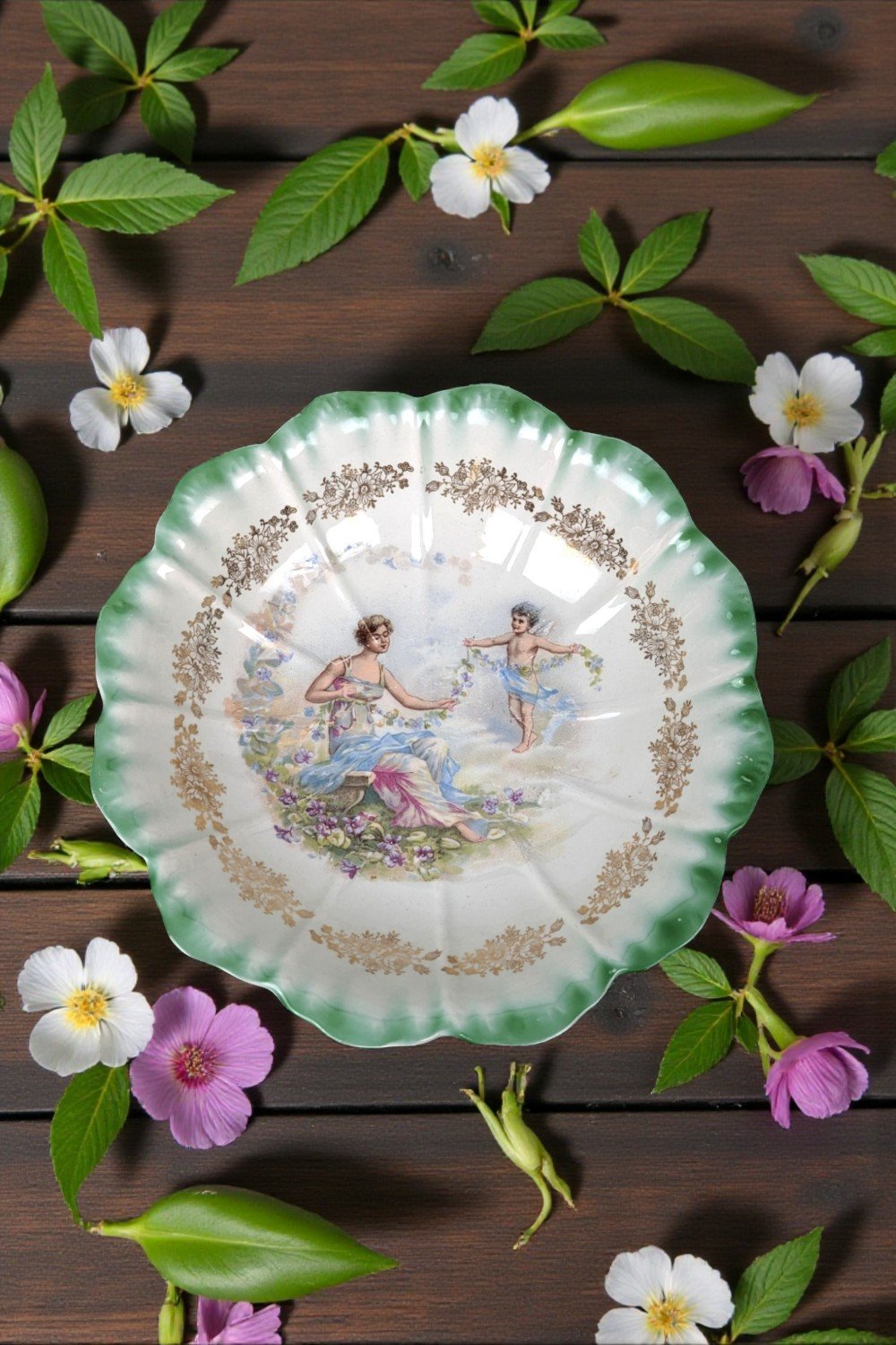 Vintage Dresden China Laurel Leaf Woman and Angel Bowl