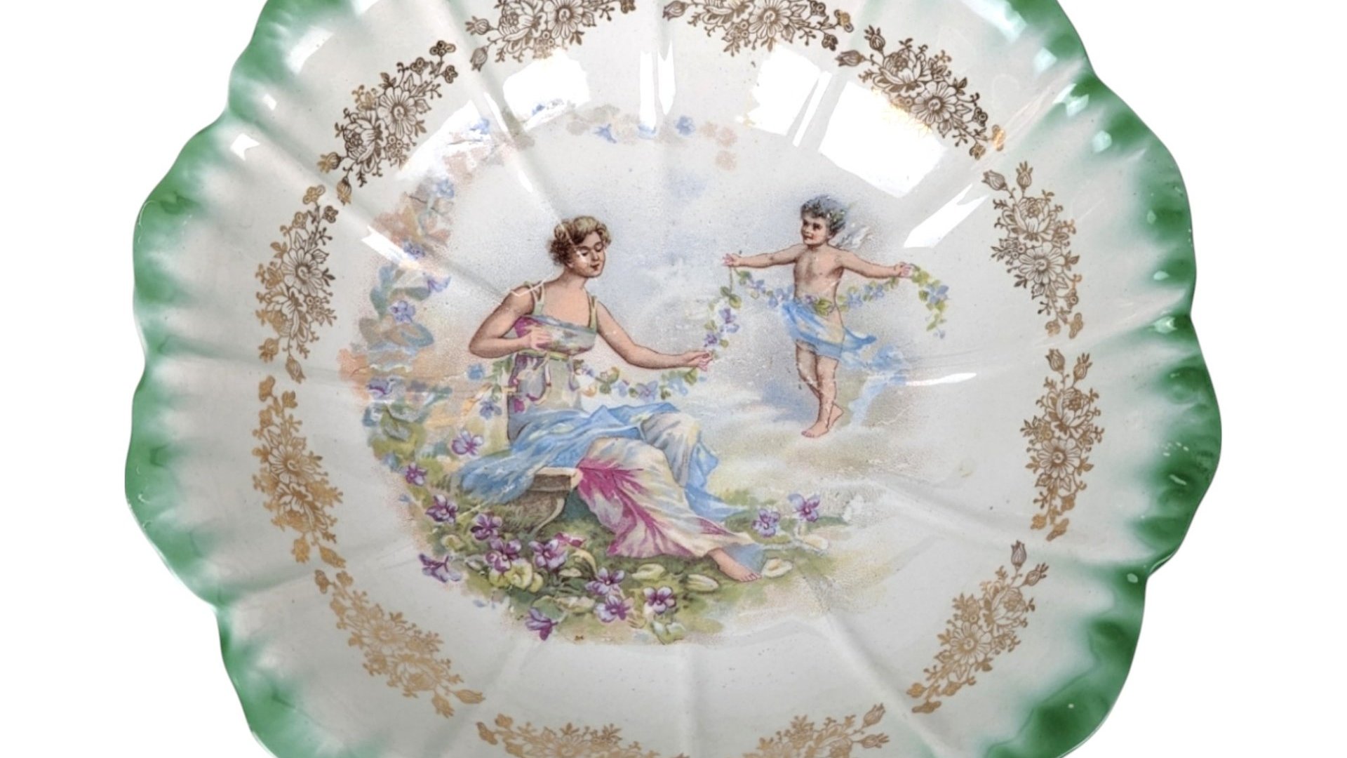 1900s Dresden China Scalloped Bowl – Antique Green Laurel Mark Woman and Angel