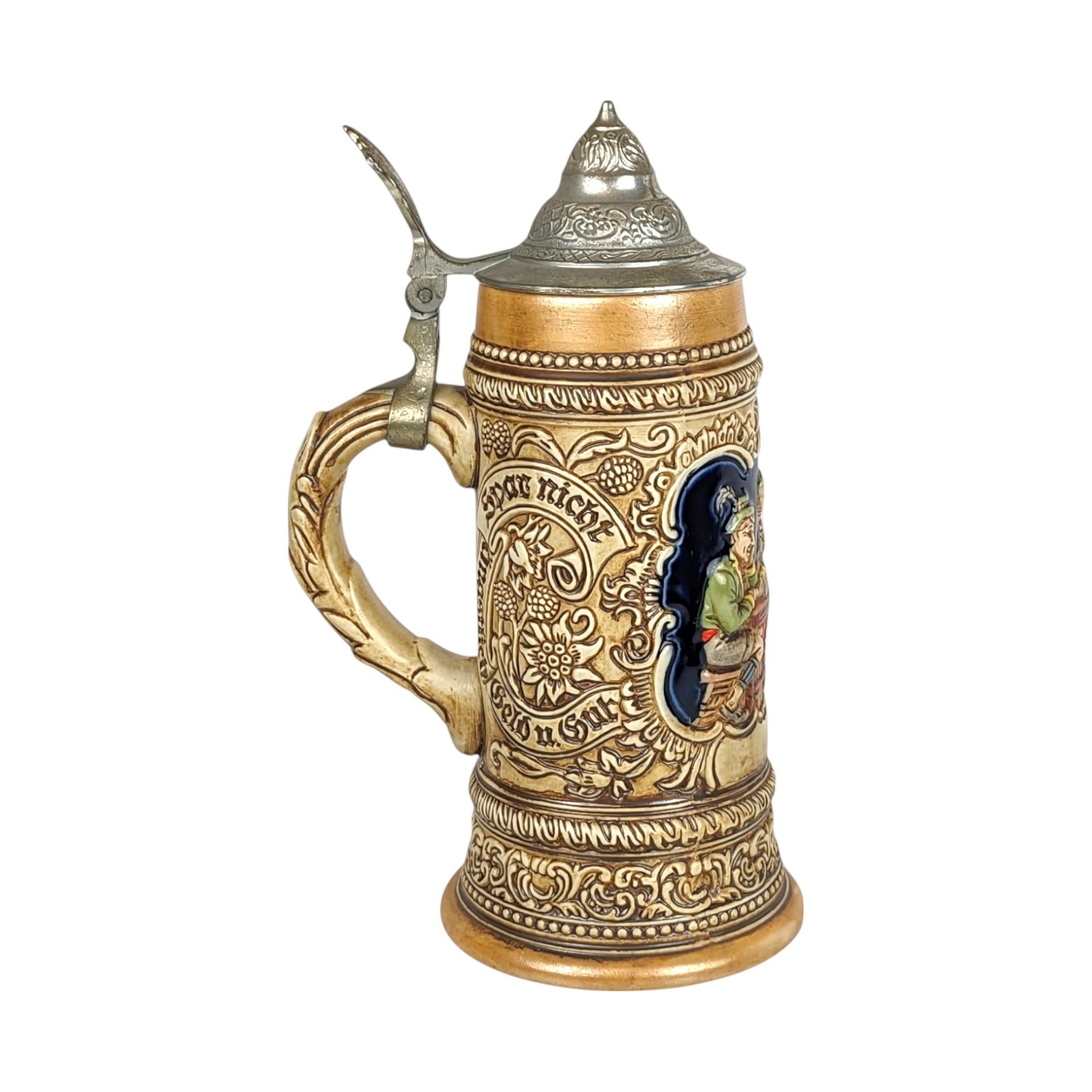 Vintage Ceramarte Brazil Lidded Ceramic Stein, Tavern Scene, 10 Inches - Collectible