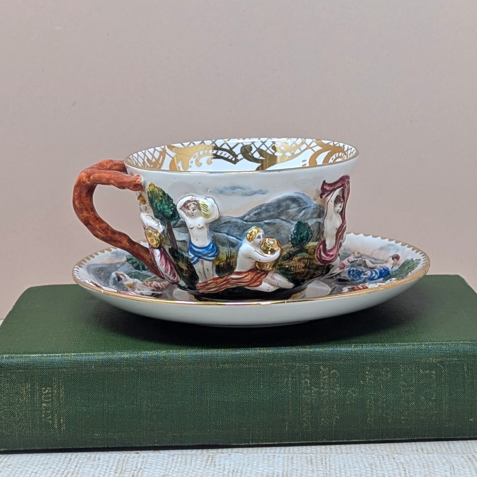Mid-Century Capodimonte Artistic Cup & Saucer – Italian Relief Porcelain
