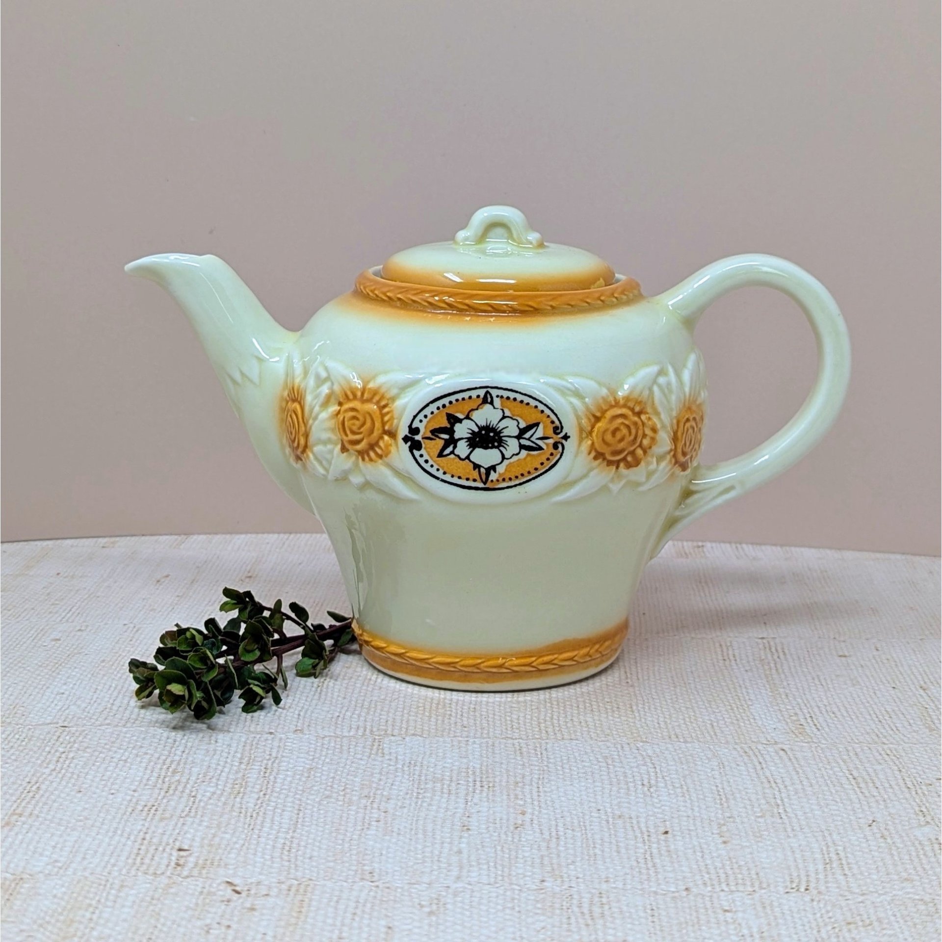 1930s  Brown Medallion Porcelier Vitreous China Teapot