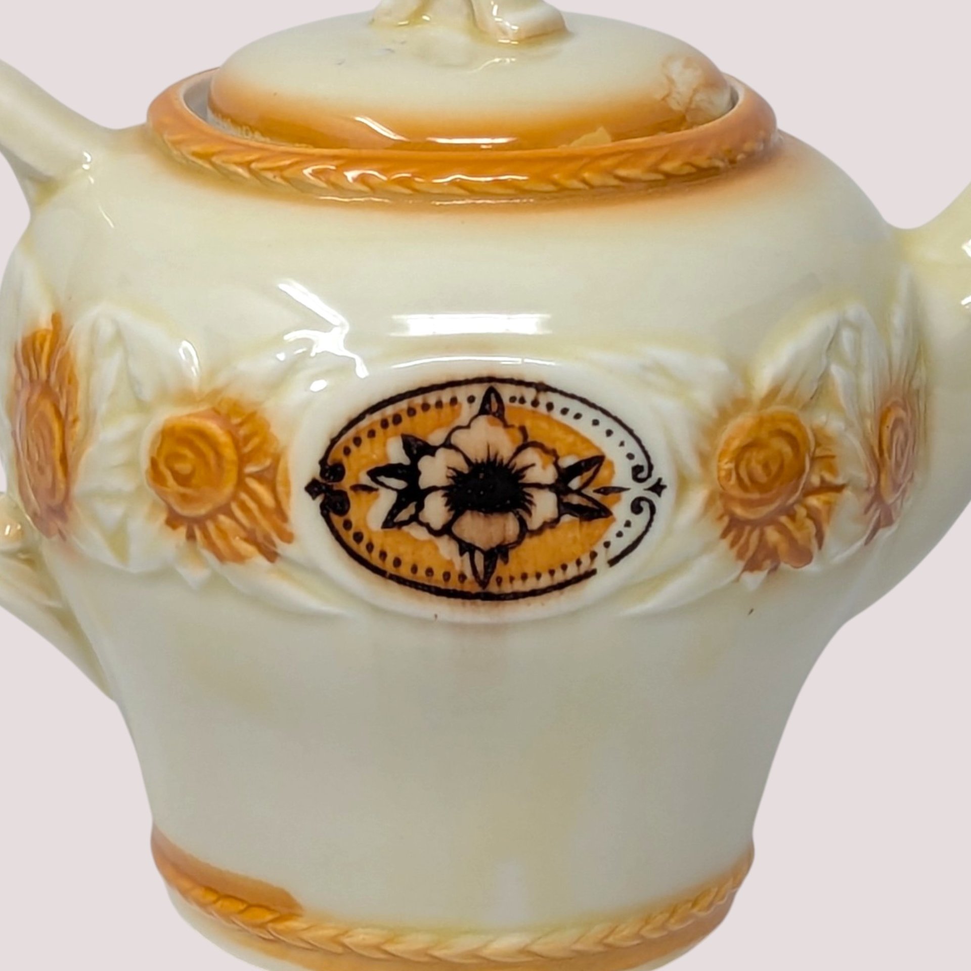 Mid Century Porcelier Ceramic Brown Medallion Teapot