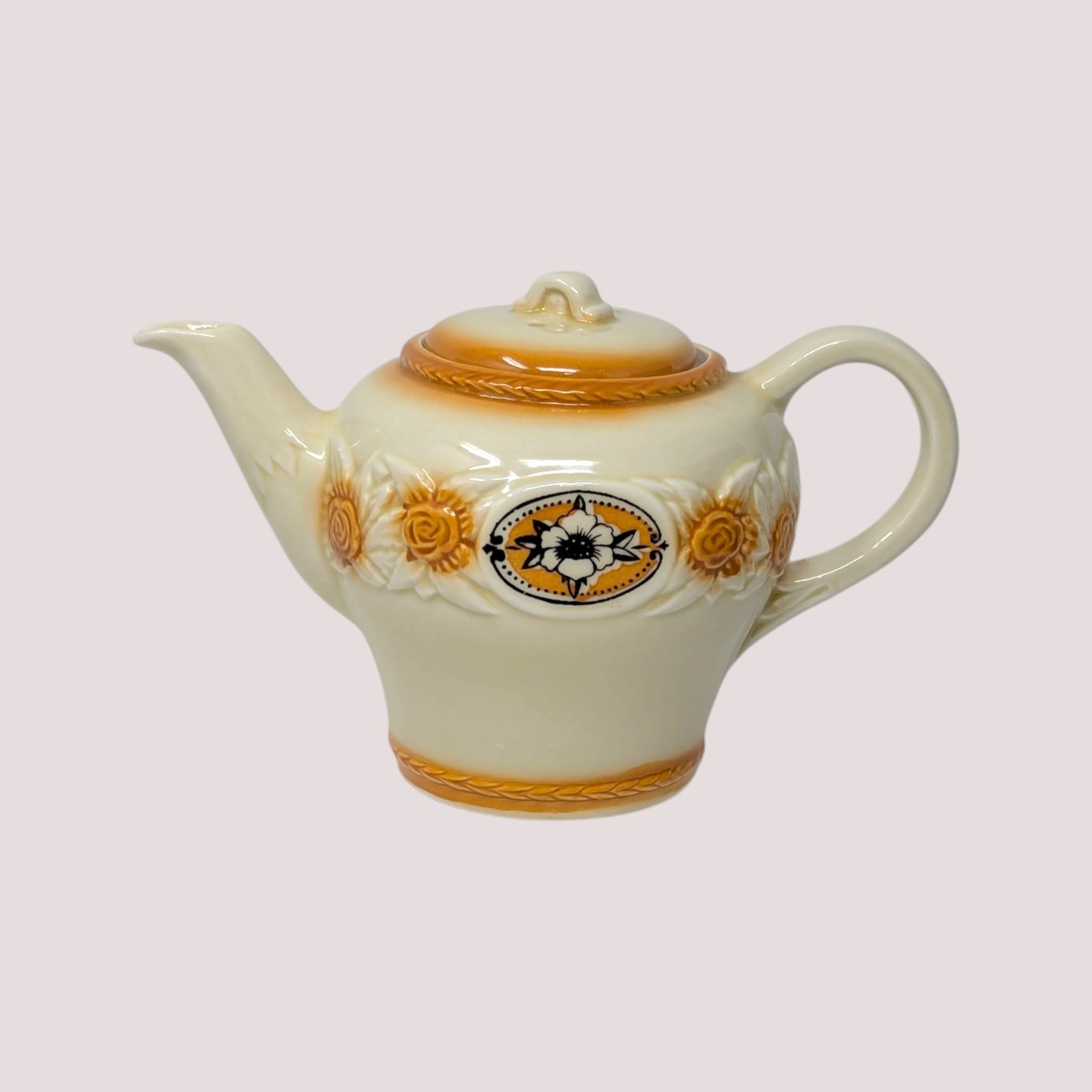 Mid Century Porcelier Ceramic Brown Medallion Teapot