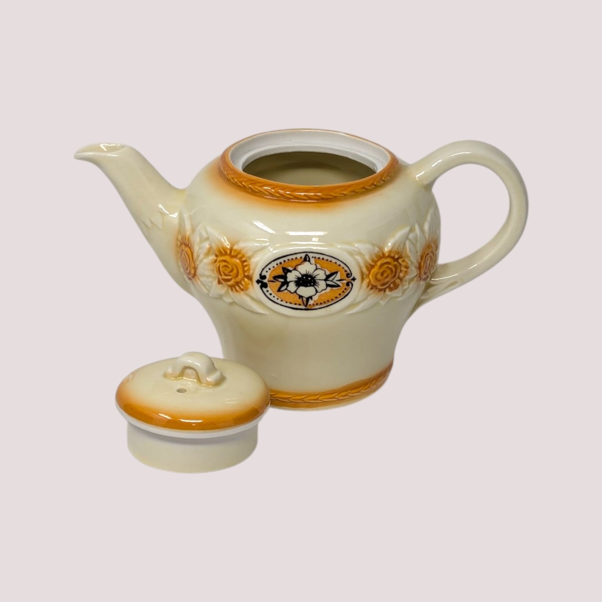 Mid Century Porcelier Ceramic Brown Medallion Teapot