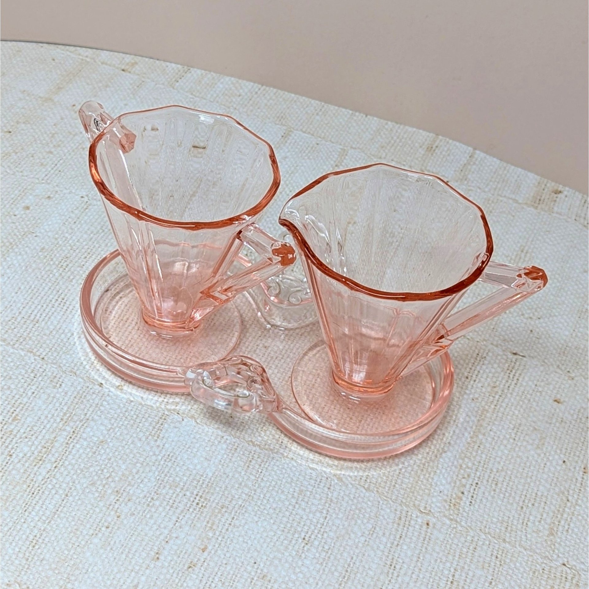 1930s Cambridge Pink Glass Decagon Cream and Sugar Set 