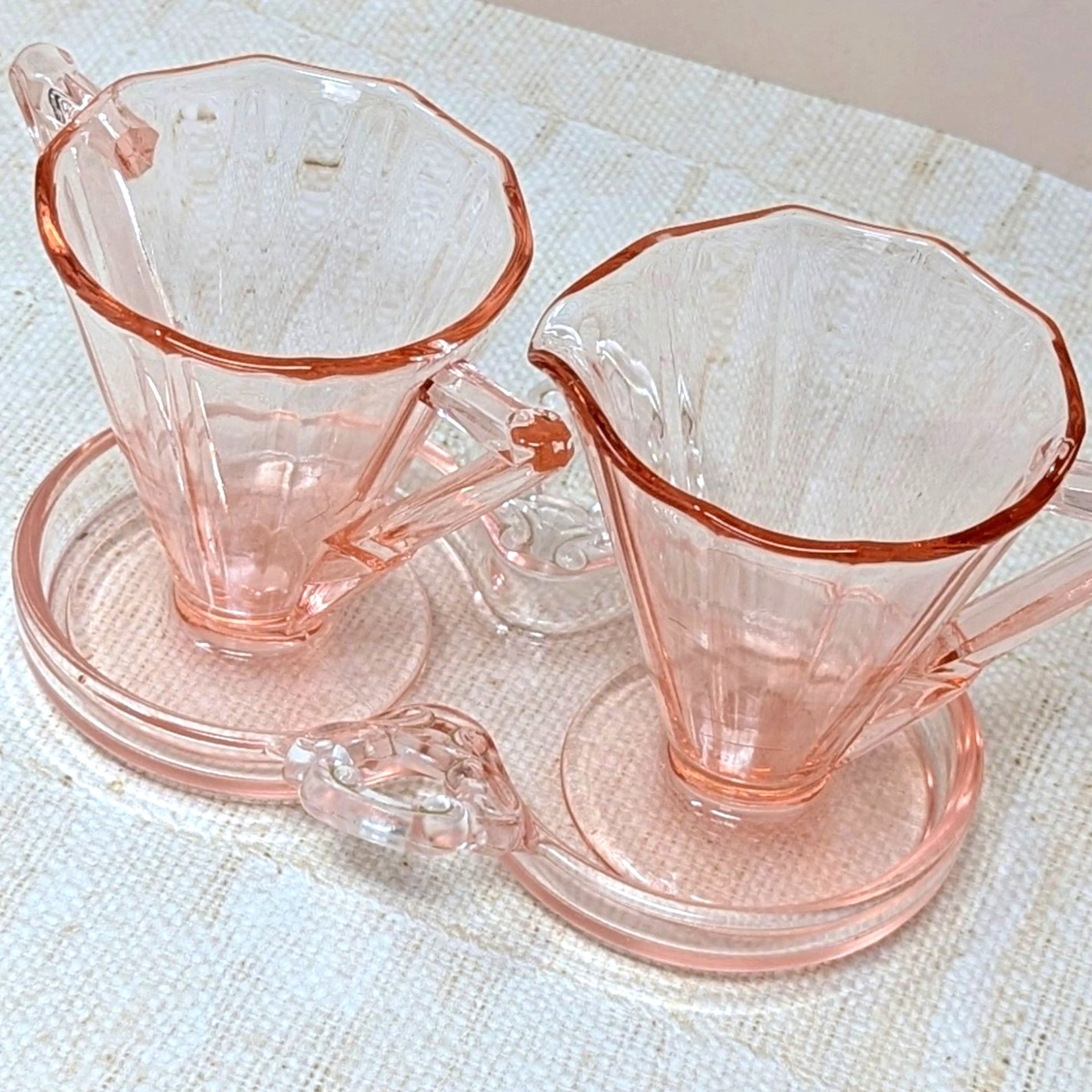 1930s Cambridge Pink Glass Decagon Cream and Sugar Set 