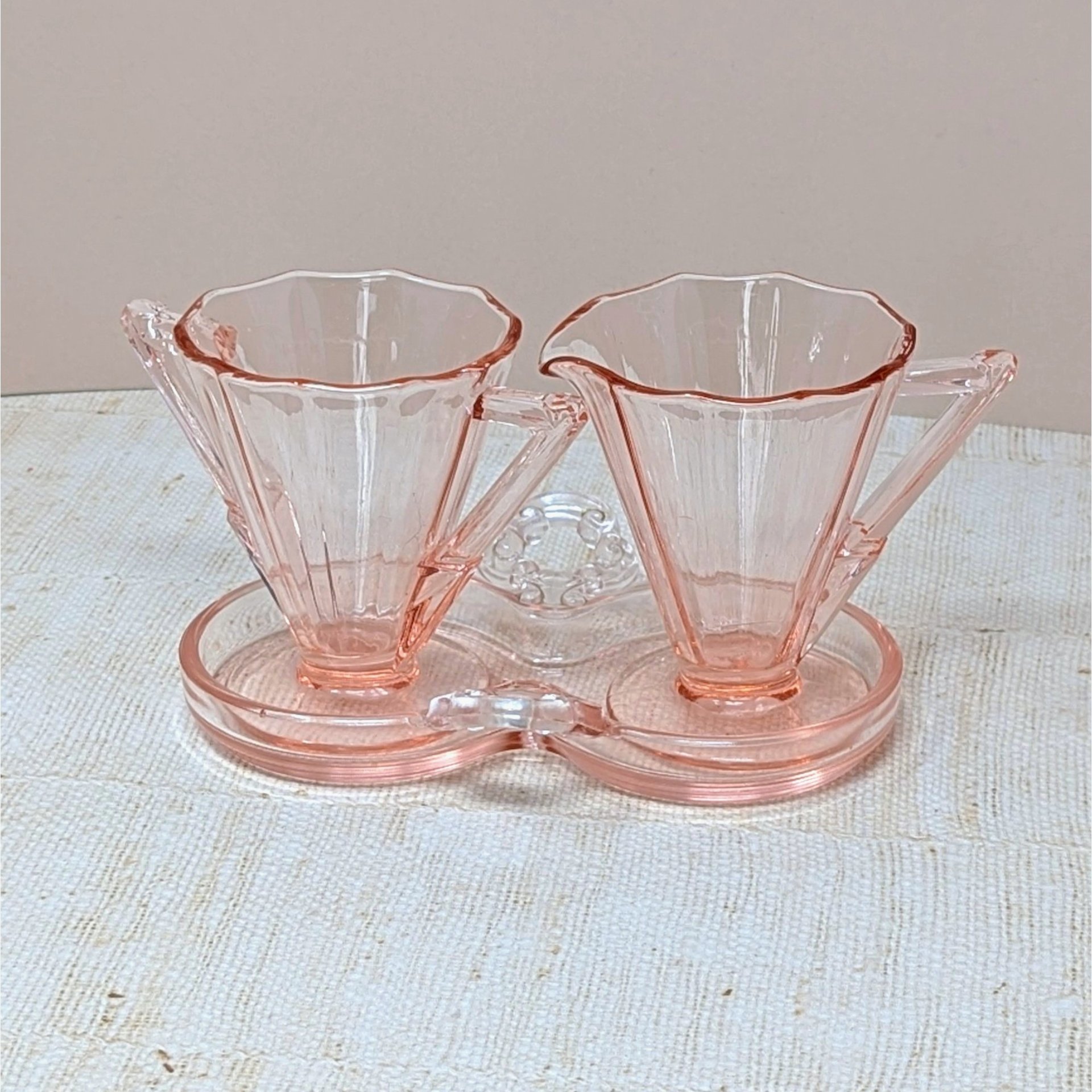 1930s Cambridge Pink Glass Decagon Cream and Sugar Set 