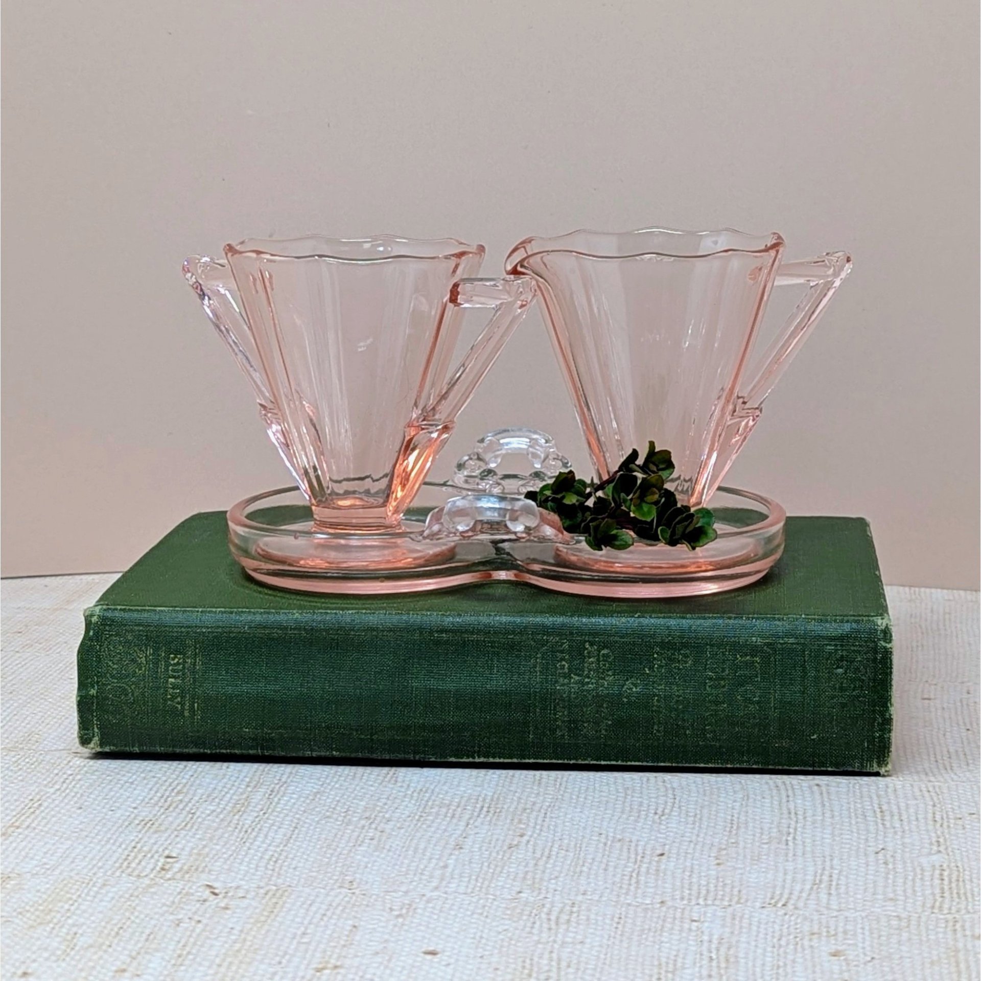 1930s Cambridge Pink Glass Decagon Cream and Sugar Set 