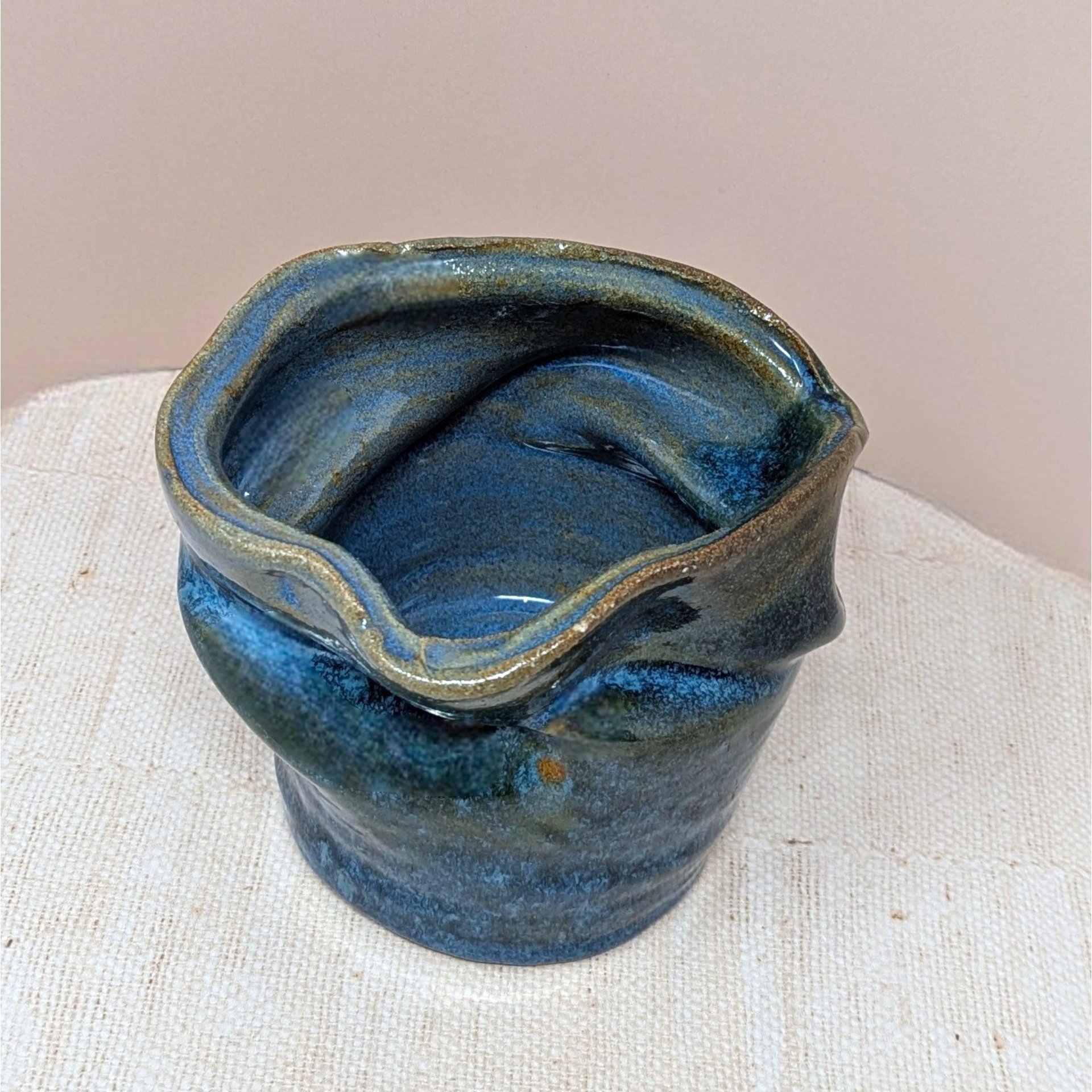Signed Asymmetrical Pottery Vase – Heavy Blue Brutalist Studio Art 5"