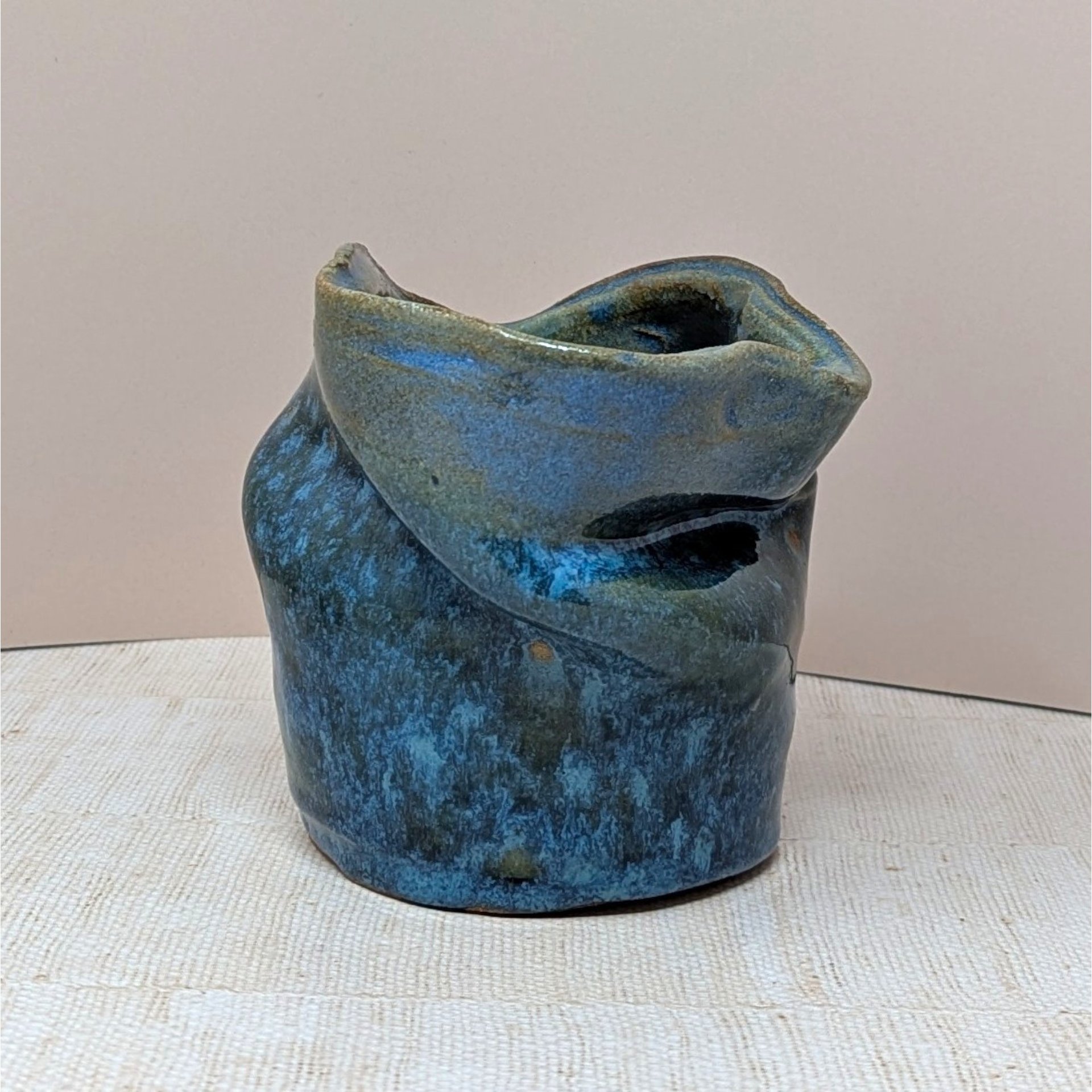 Signed Asymmetrical Pottery Vase – Heavy Blue Brutalist Studio Art 5"