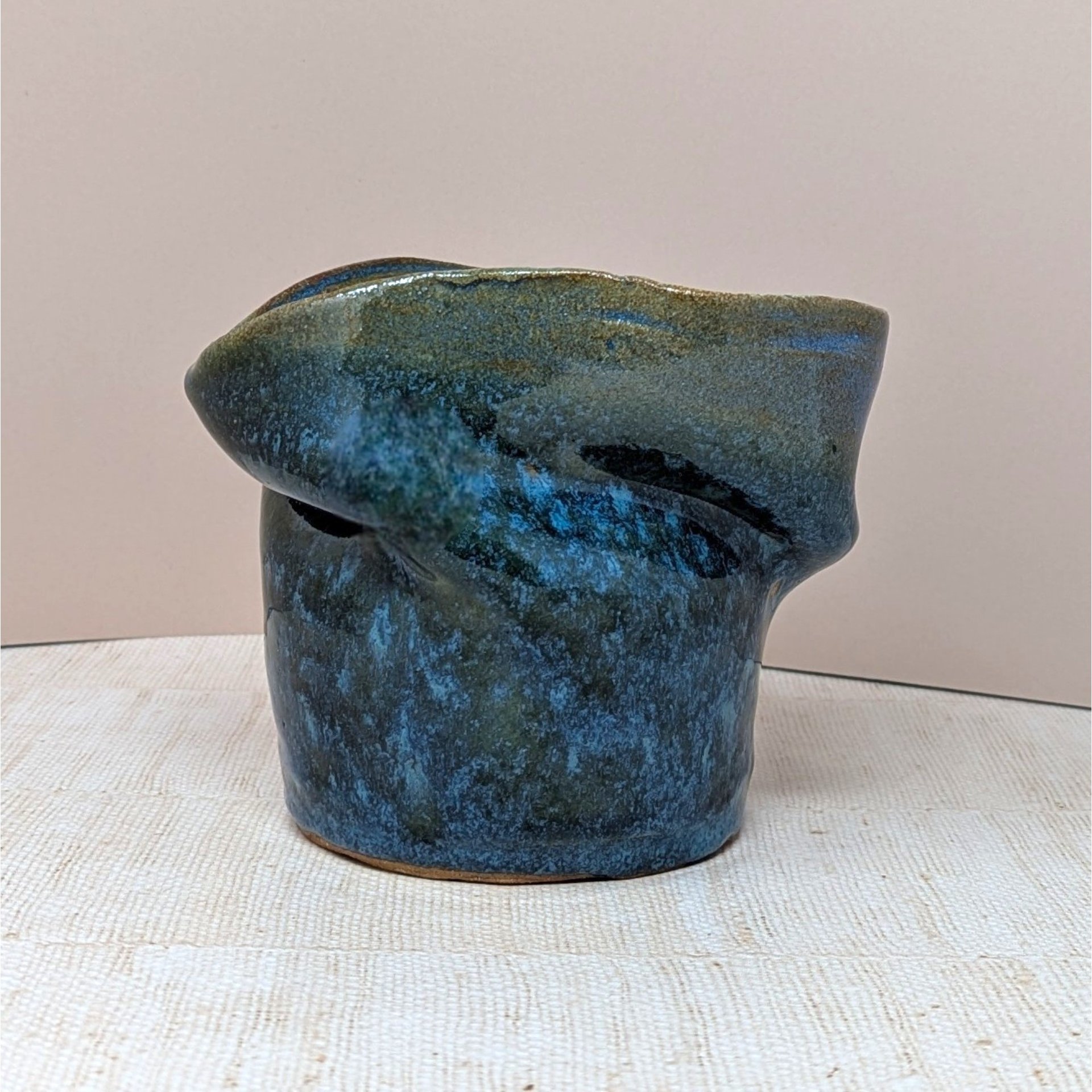 Signed Asymmetrical Pottery Vase – Heavy Blue Brutalist Studio Art 5"