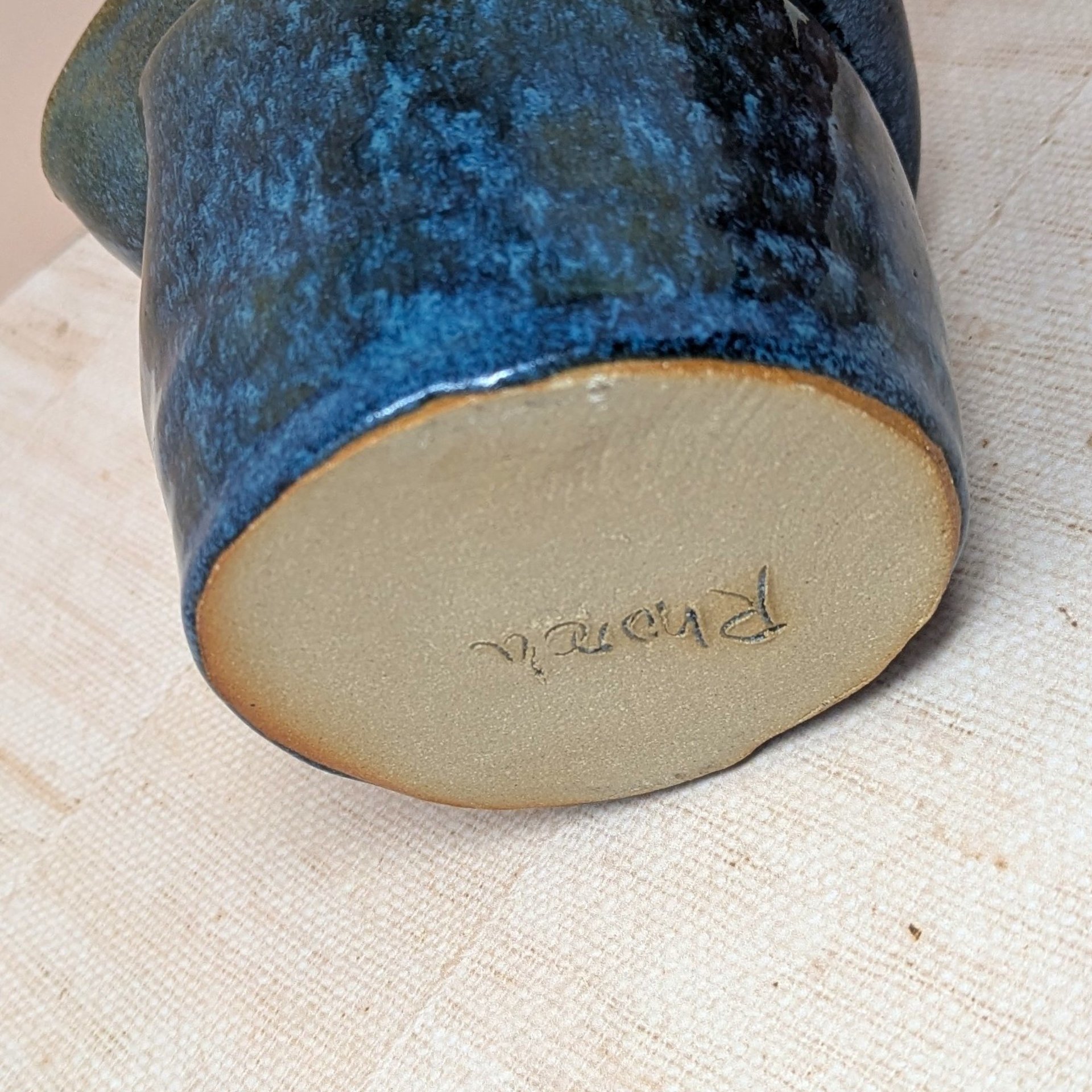 Signed Asymmetrical Pottery Vase – Heavy Blue Brutalist Studio Art 5"