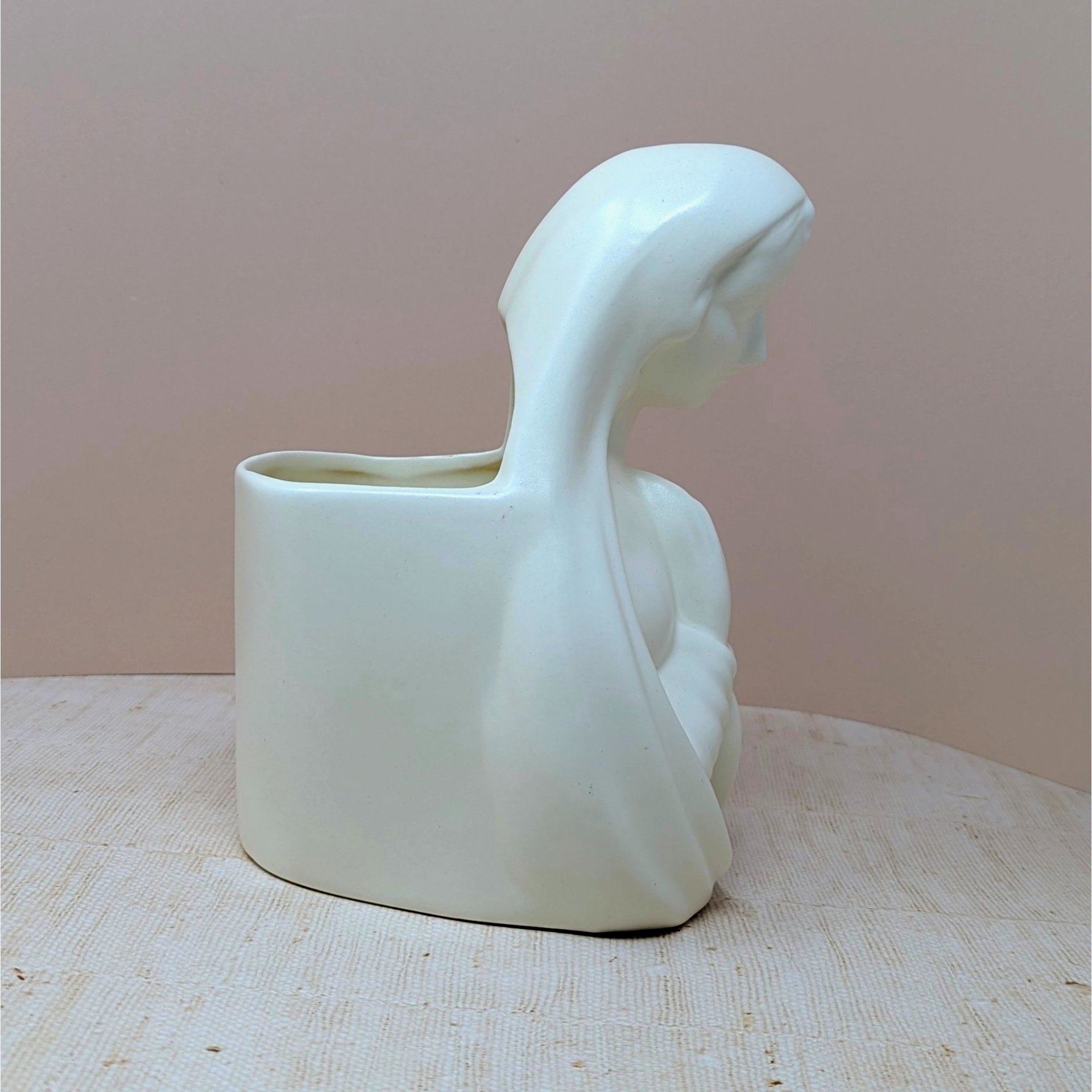 1950s Madonna Planter – Mid-Century Ivory Minimalist Ceramic Figural Vase