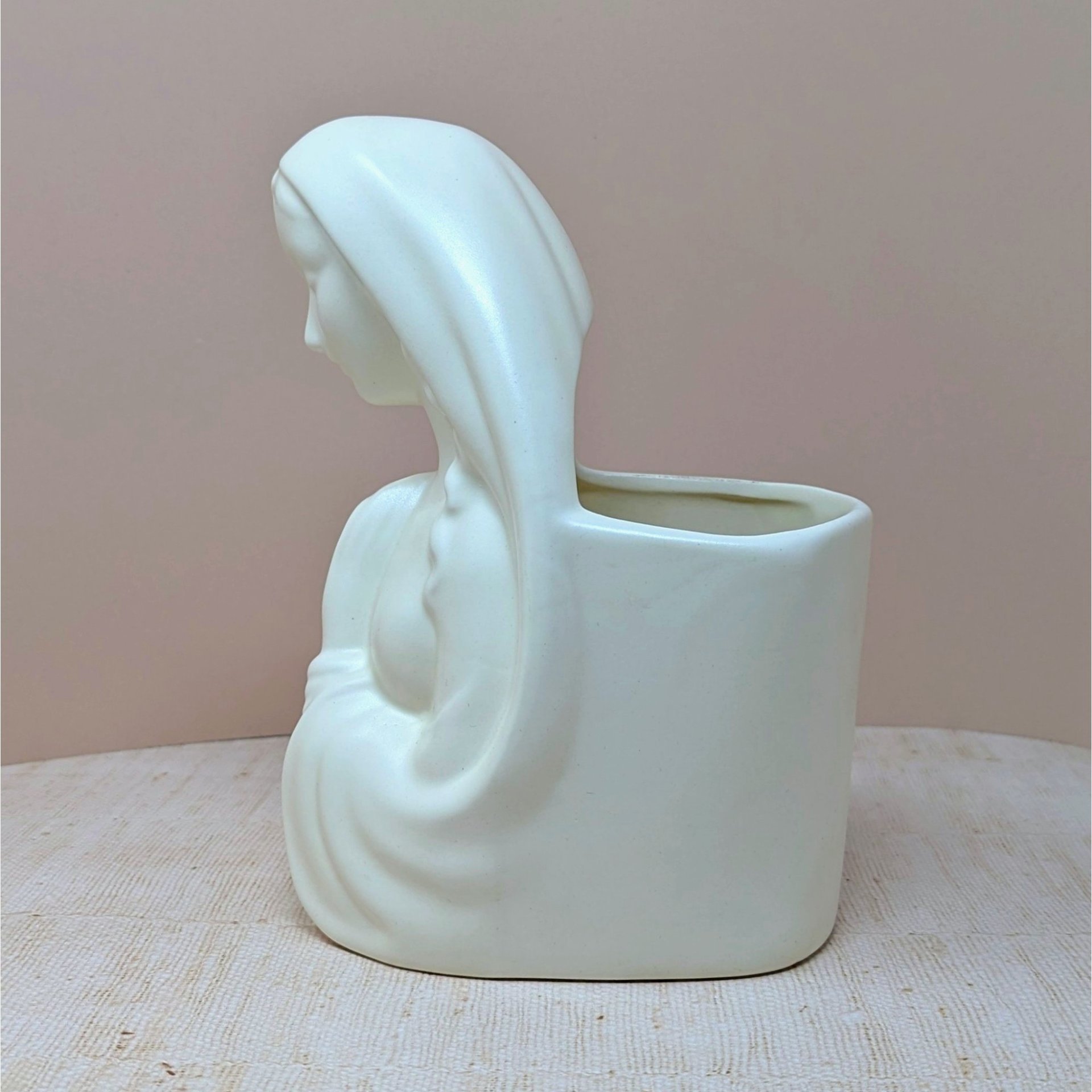 1950s Madonna Planter – Mid-Century Ivory Minimalist Ceramic Figural Vase